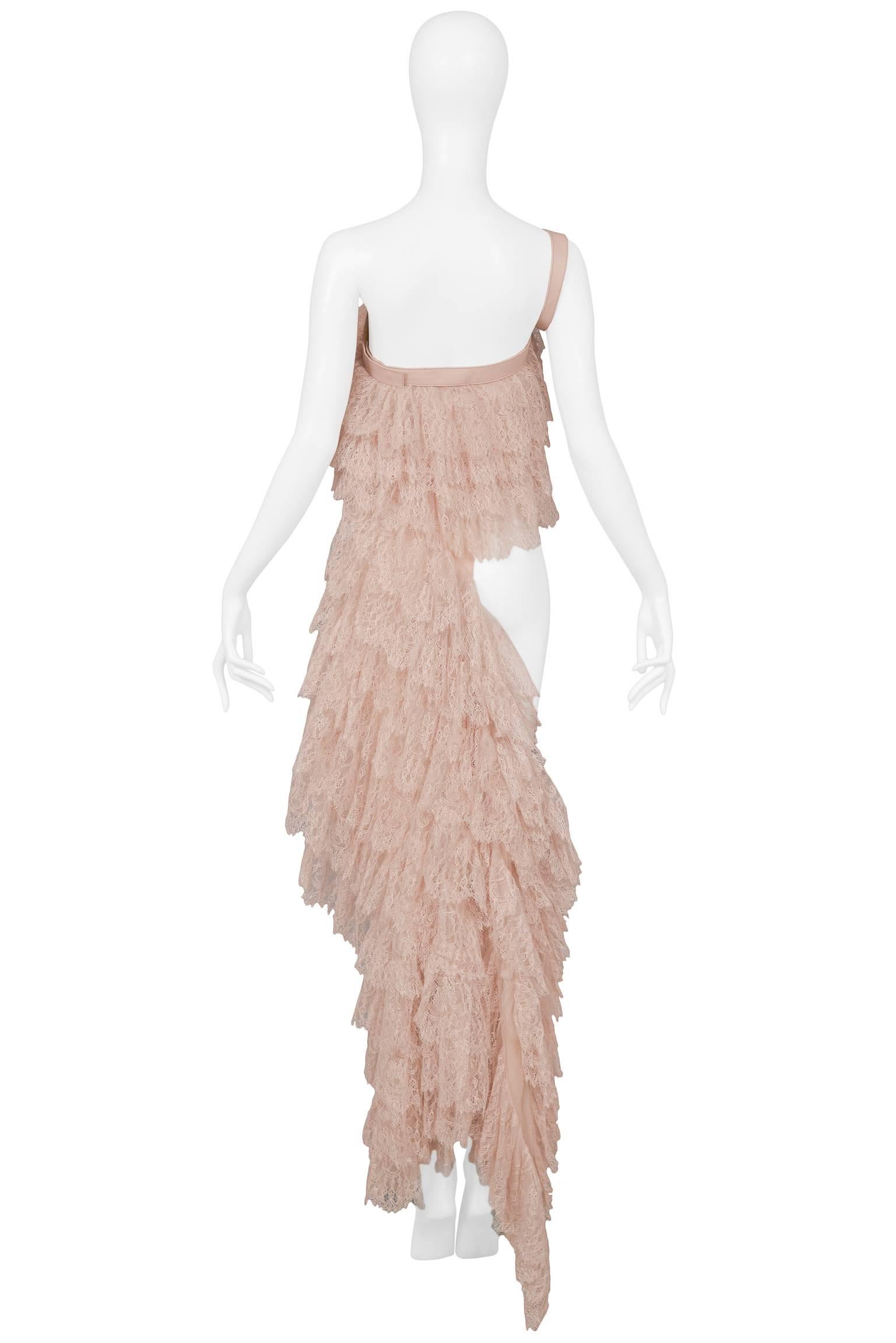 Alexander McQueen Pink Lace Asymmetrical Ruffle Ball Gown Top w Leather 2007  3