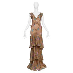 John Galliano Brown Floral Gown With Ruffles