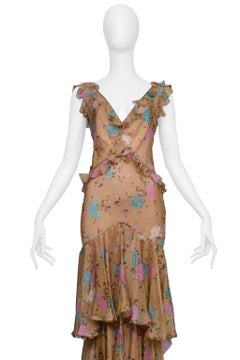 John Galliano Brown Floral Gown With Ruffles