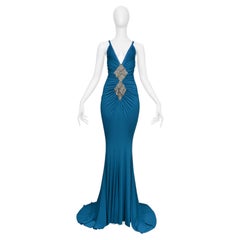 Roberto Cavalli Teal Gown With Beaded Python Appliqué And Sweeping Train