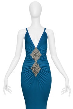 Roberto Cavalli Teal Gown With Beaded Python Appliqué And Sweeping Train
