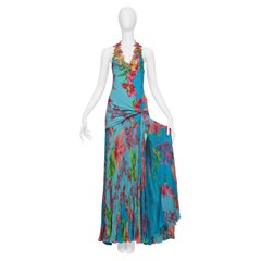 Versace Blue Floral Gown With Beaded Appliques