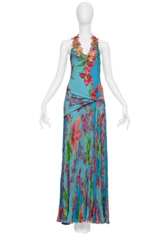Versace Blue Floral Gown With Beaded Appliques