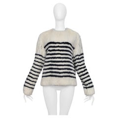Saint Laurent Paris White Fur Sweater With Black Stripes And Snaps At Shoulder