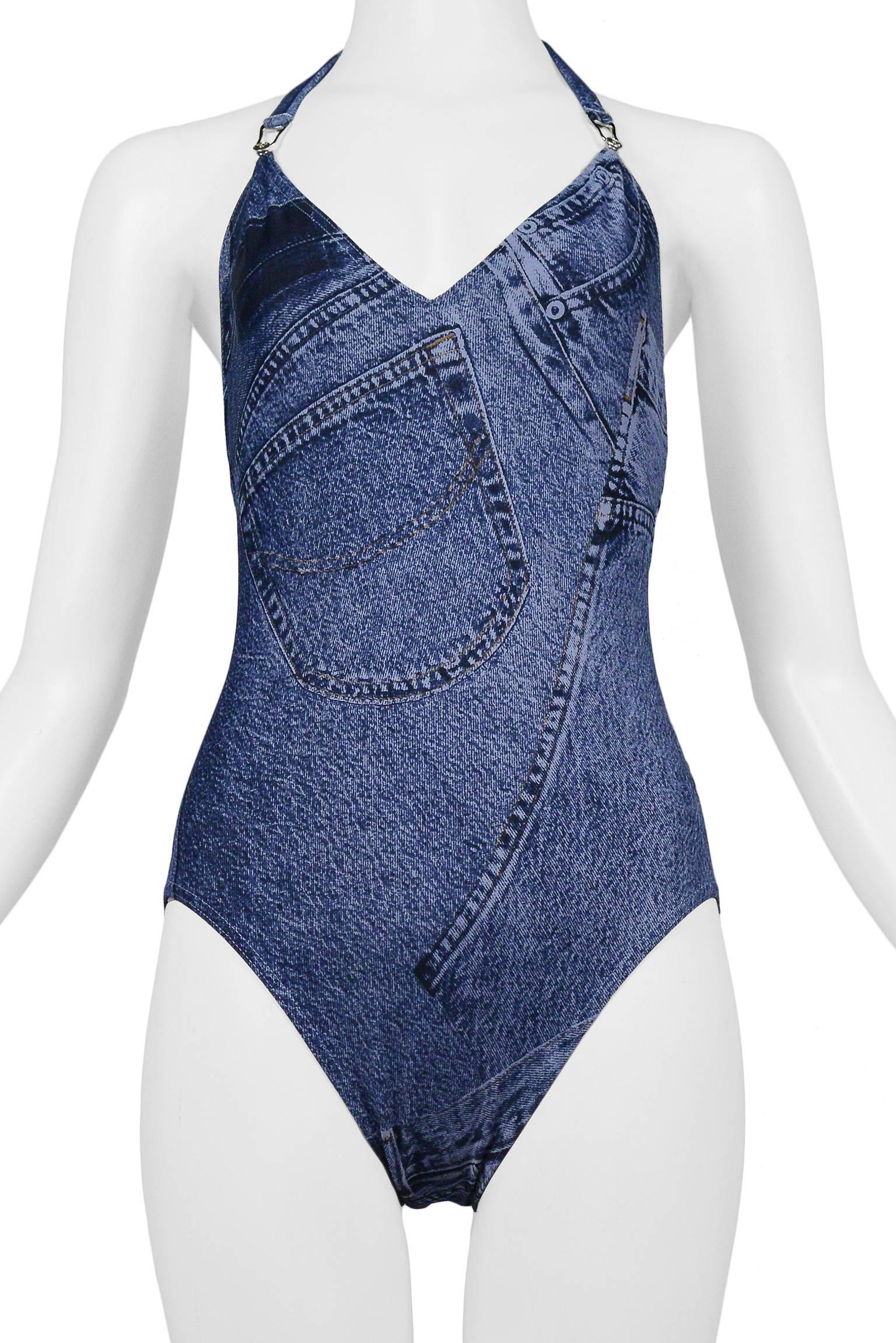 Famous Dior By John Galliano Trompe L'Oeil Denim Swimsuit 2000 Never Worn In New Condition In Los Angeles, CA