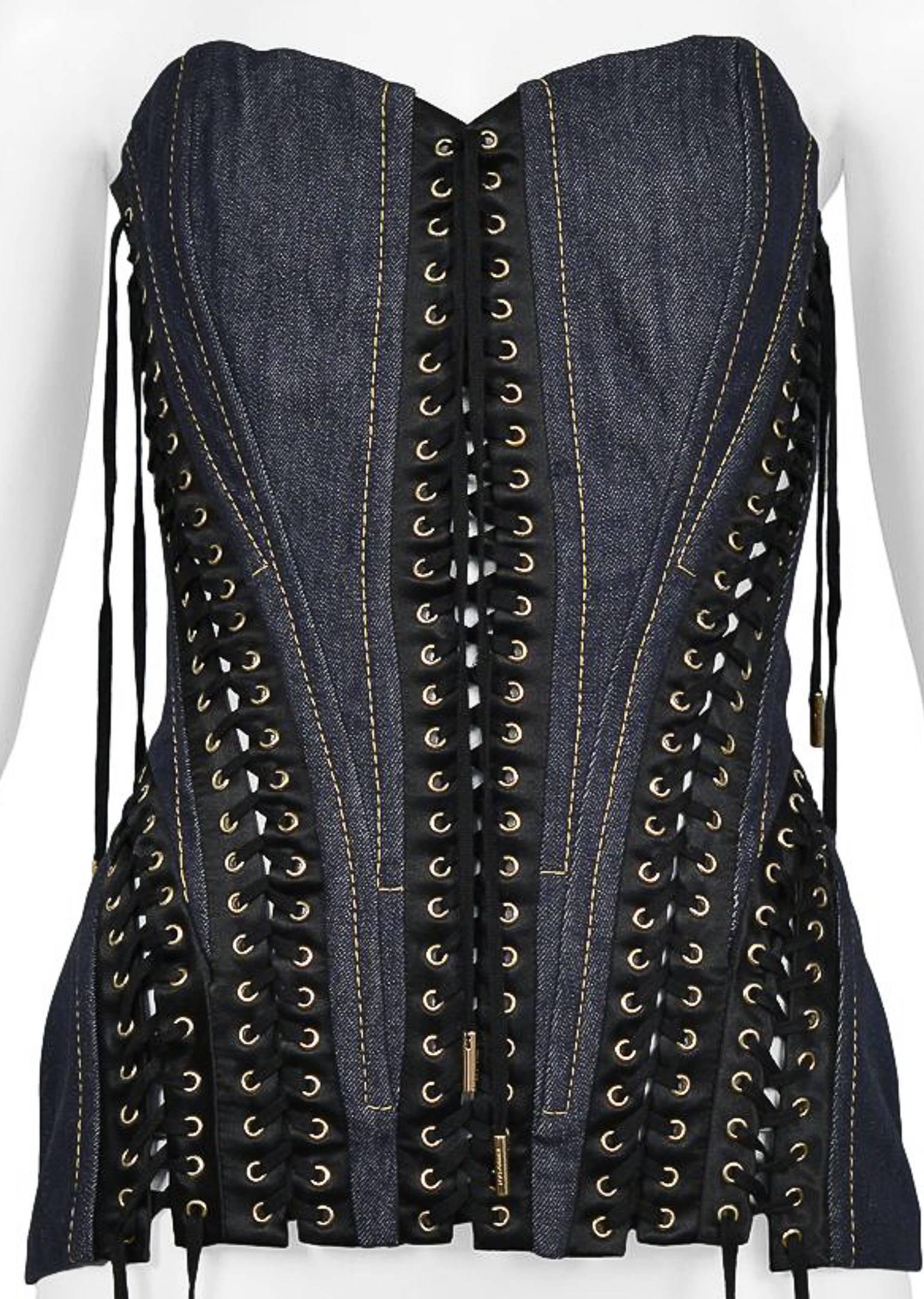 Dolce & Gabbana Dark Denim Corset Bustier Top with Black Laces  In Excellent Condition In Los Angeles, CA