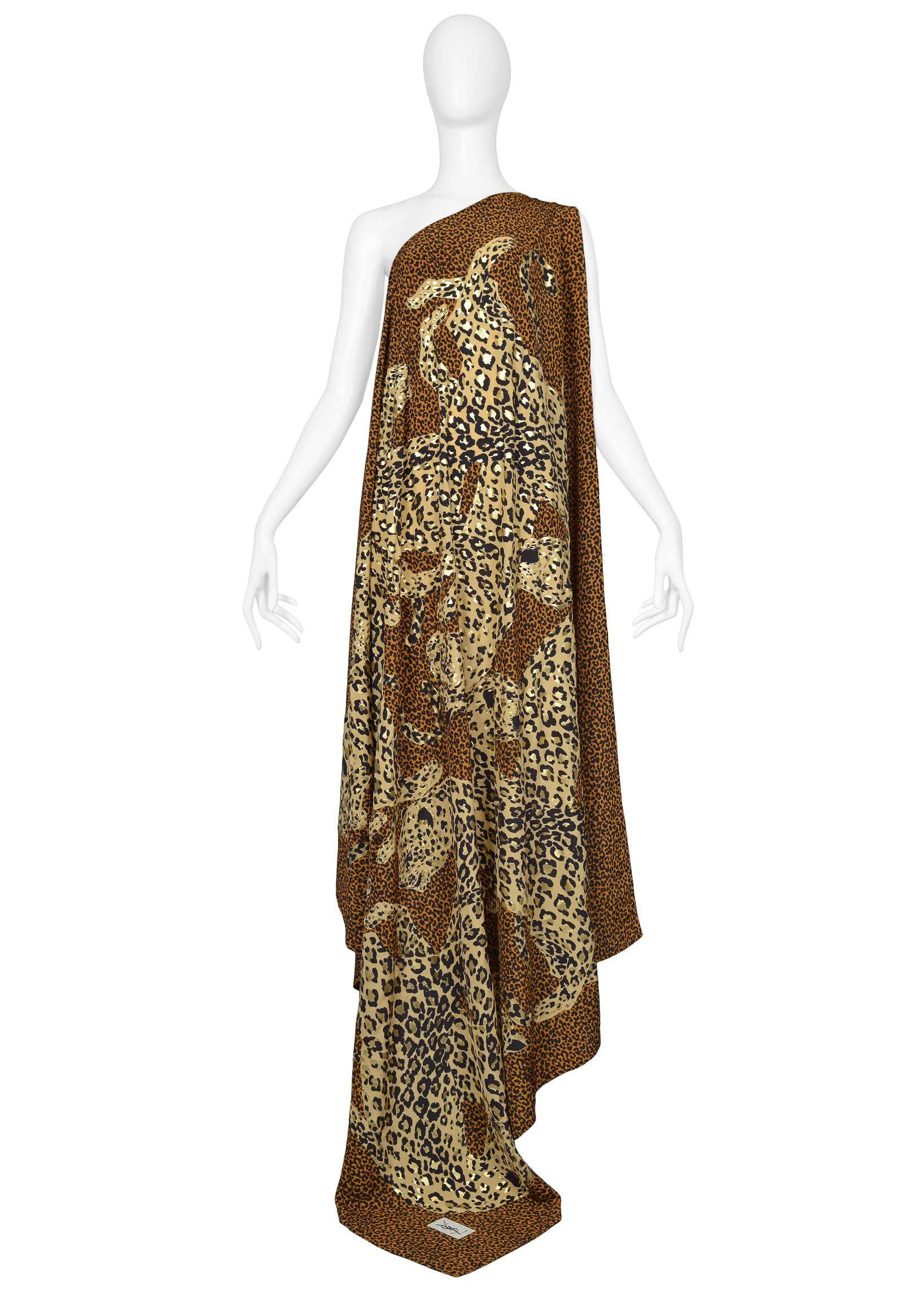 Vintage 1980's Yves Saint Laurent giant silk leopard and metallic gold print scarf. Can be used as a scarf, wrap or sarong. YSL logo at corner. 