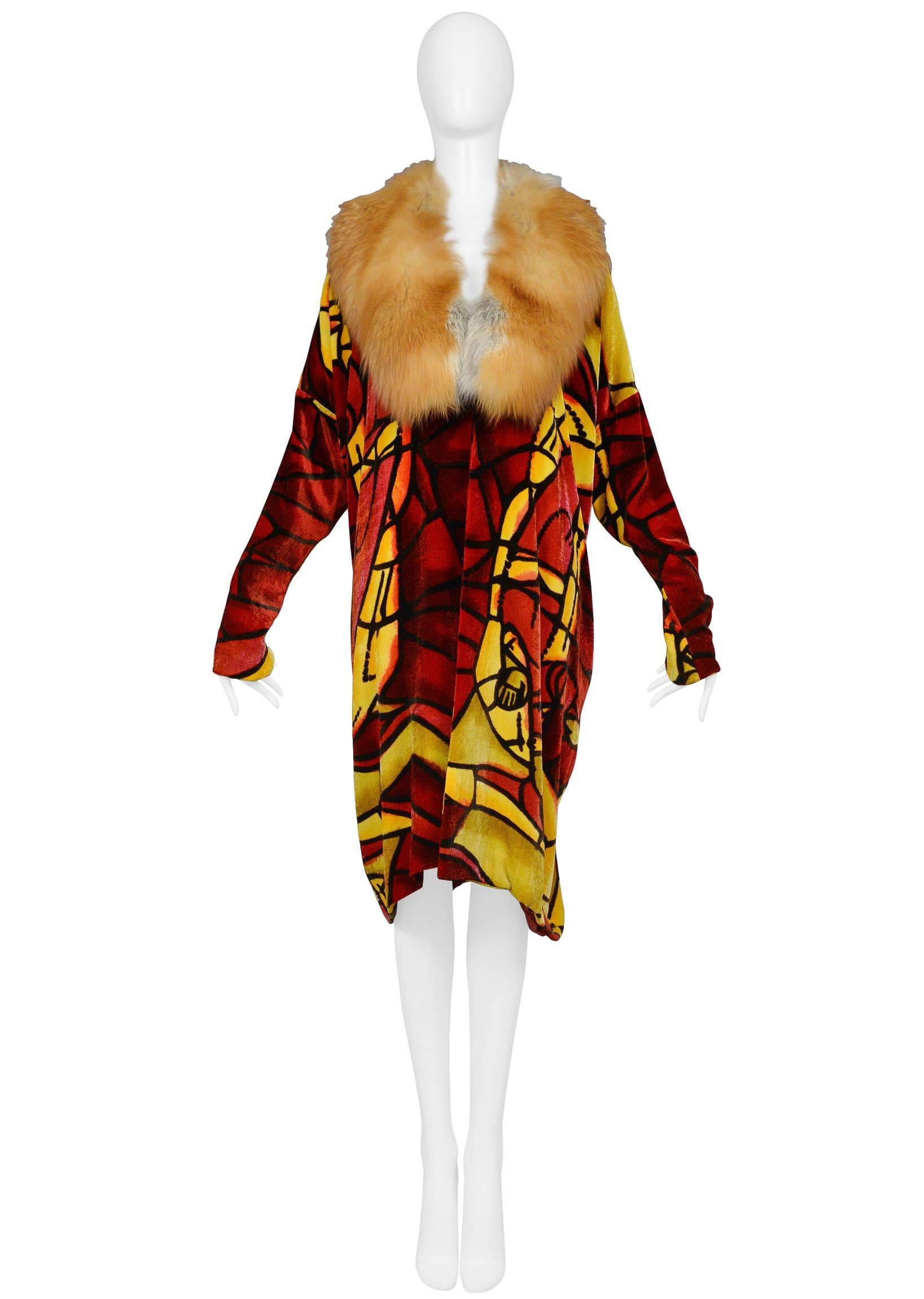 Christian Dior by John Galliano Deco Style Velvet Kimono Opera Coat with Fox Fur Collar.  Features: Jewel tone stained glass print, cocoon 1920's style body, large red fox fur collar, soft drop shoulders, easy armholes, and long sleeves with narrow