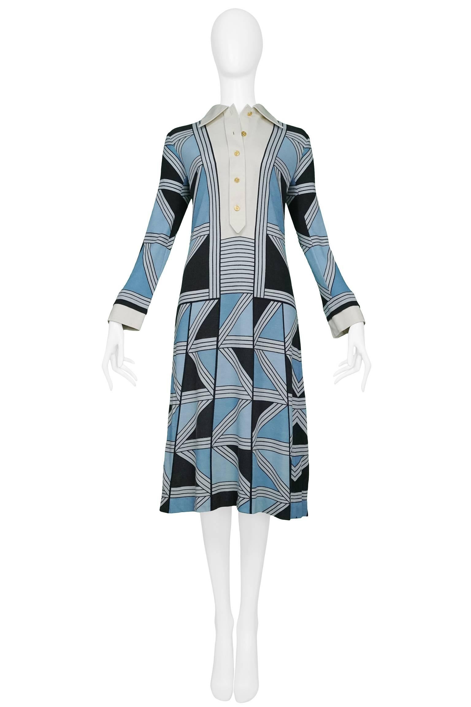 Vintage blue black and grey Roberta di Camerino trompe l'oeil wool day dress with sleeves. Dress features signature Roberta print and gold tone 