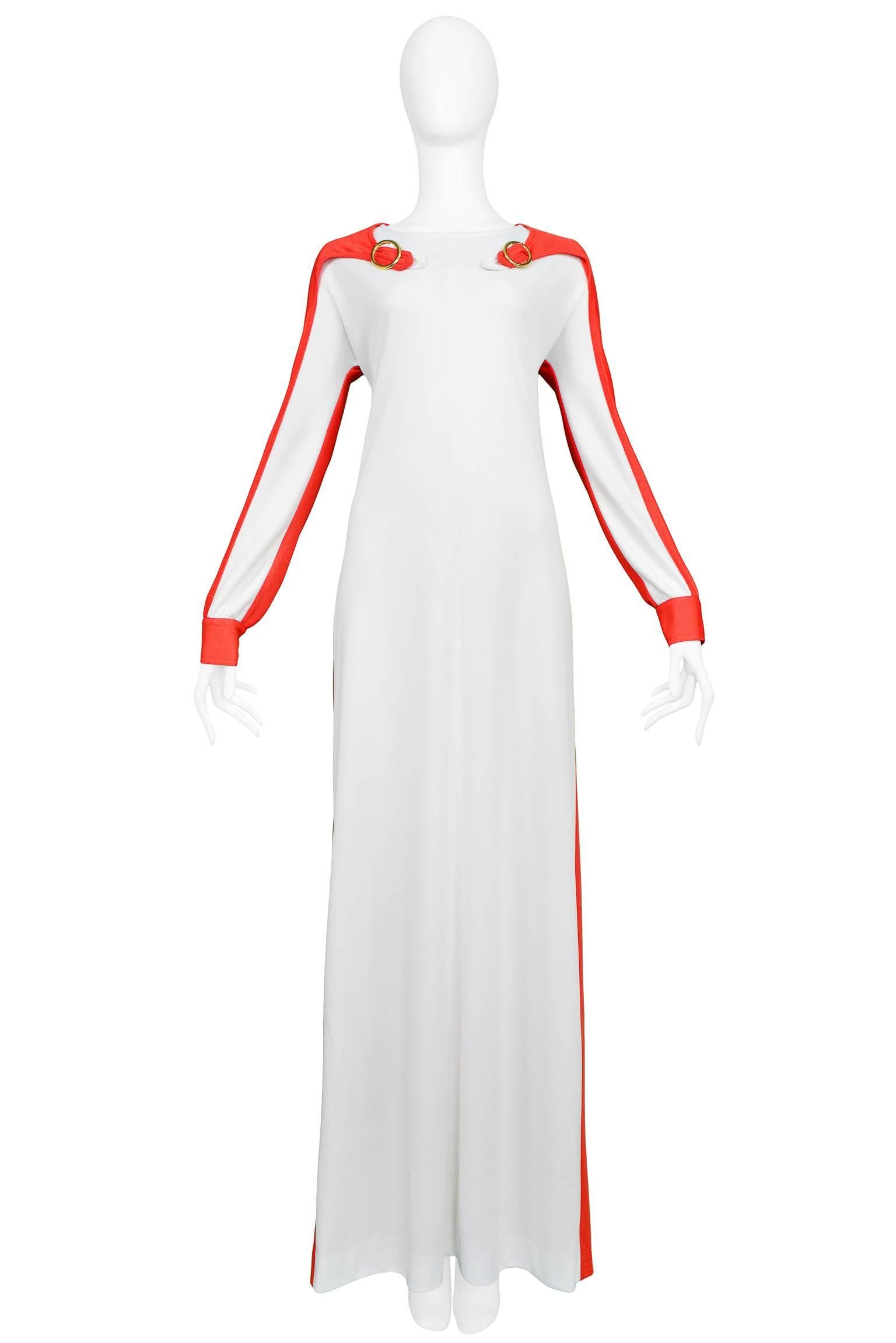 Vintage red and white Roberta Di Camerino jersey maxi dress with sleeves and buckle. Dress features signature Roberta print and gold tone buttons. Roberta Di Camerino archive sample dress. 