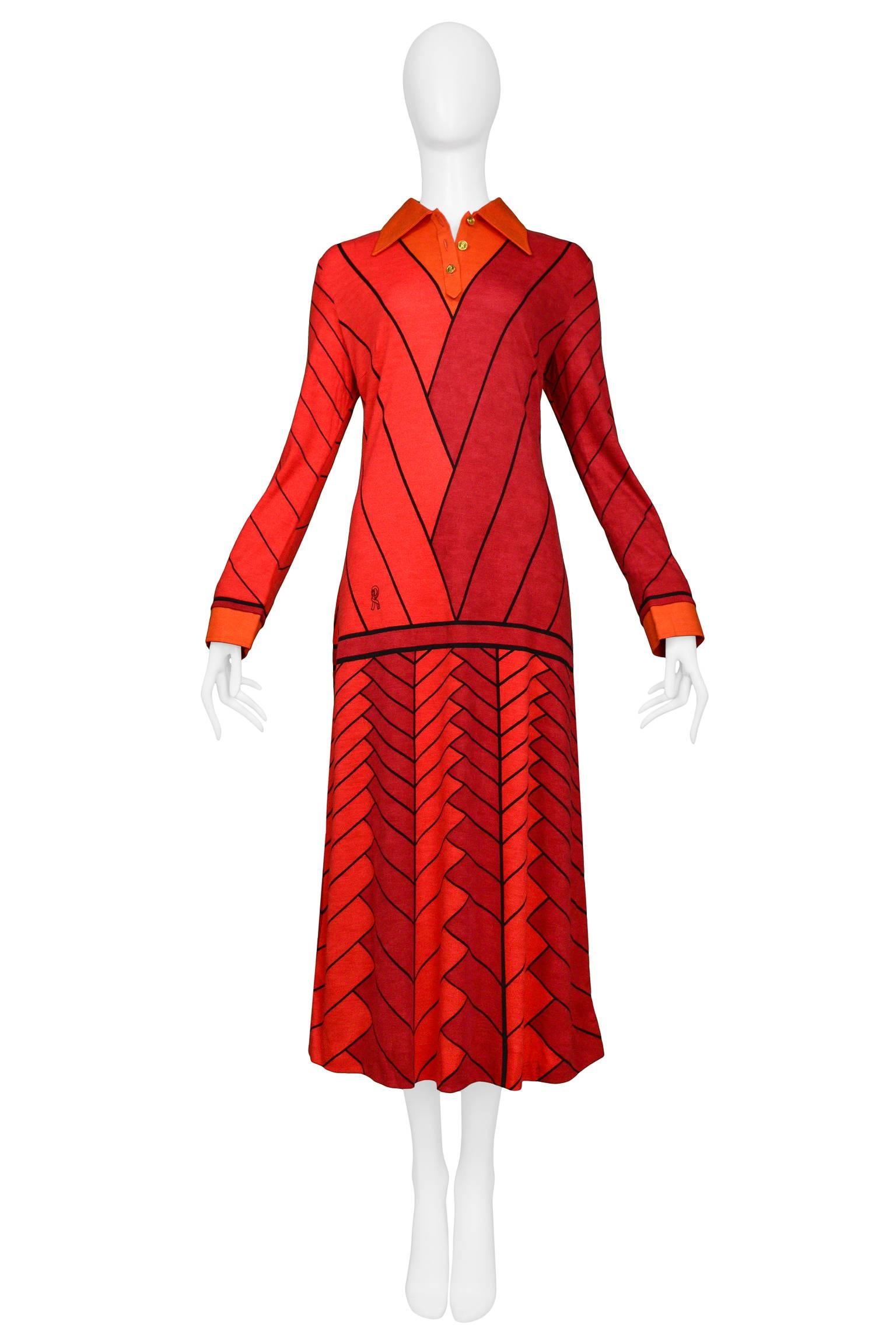 Vintage red on red Roberta di Camerino trompe l'oeil wool maxi dress with sleeves. Dress features signature Roberta print and gold tone 