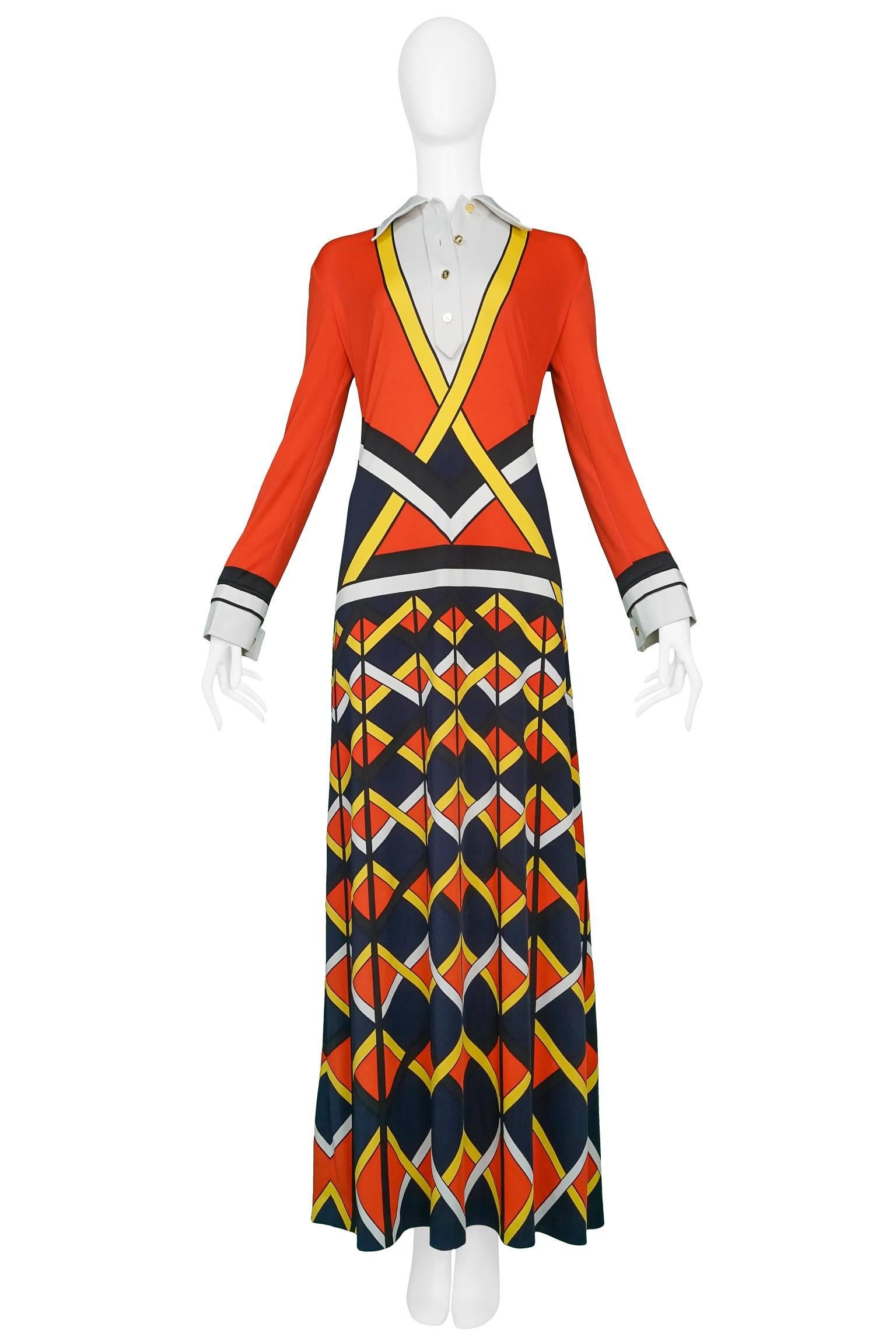 Vintage red, yellow, black and white Roberta di Camerino trompe l'oeil jersey maxi with sleeves. Dress features signature Roberta print and gold tone 