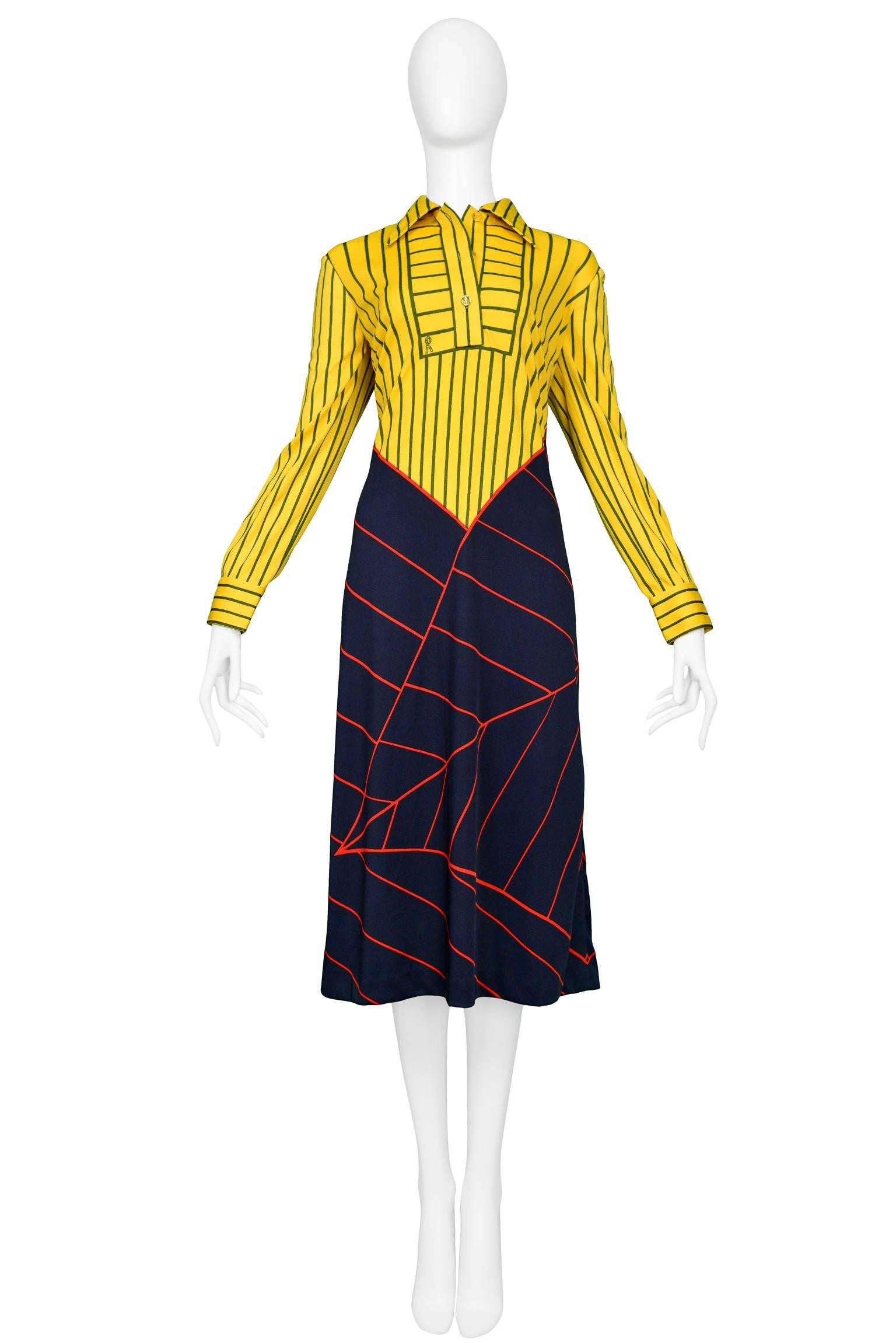 Vintage yellow, red and blue Roberta di Camerino trompe jersey day dress with sleeves. Dress features signature Roberta print and gold tone buttons. Roberta Di Camerino archive sample dress. 