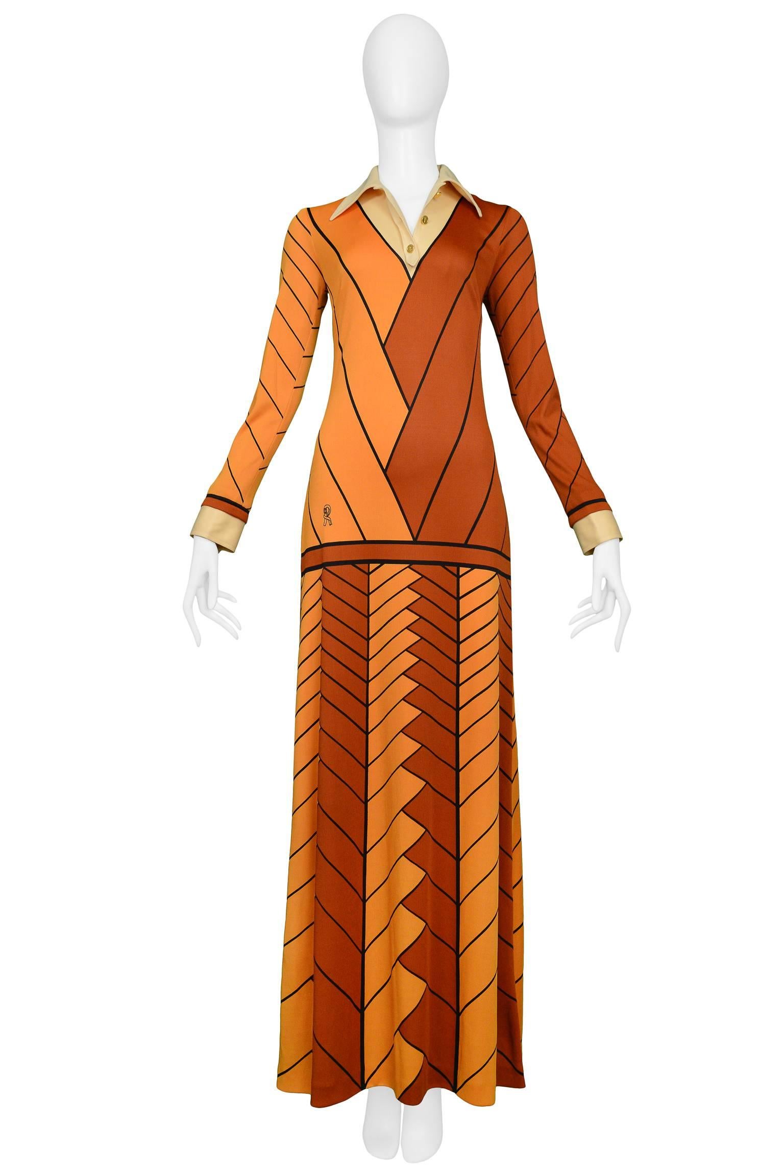 Vintage orange and rust Roberta di Camerino trompe l'oeil jersey maxi dress with sleeves. Dress features signature Roberta print and gold tone buttons. Roberta di Camerino archive sample dress. Circa 1970's.
