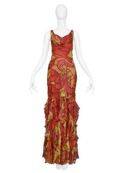 Dior By John Galliano 1990's Chiffon Stained Glass & Ruffles Evening Gown