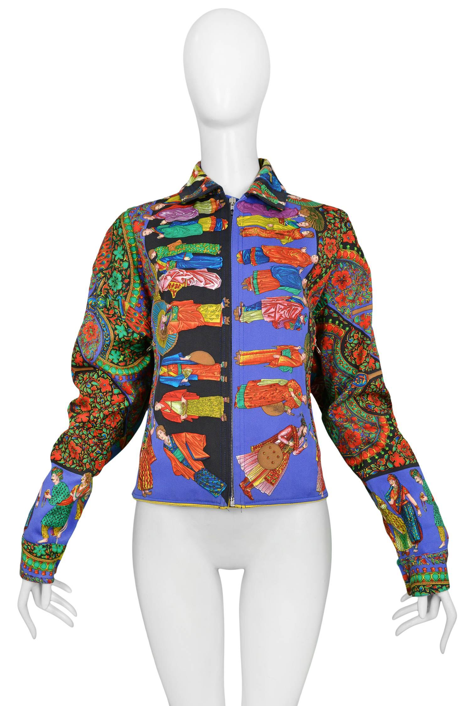 Multi color Gianni Versace vintage denim jacket with figurative and floral mixed print. Zipper front. Easy fit. 
