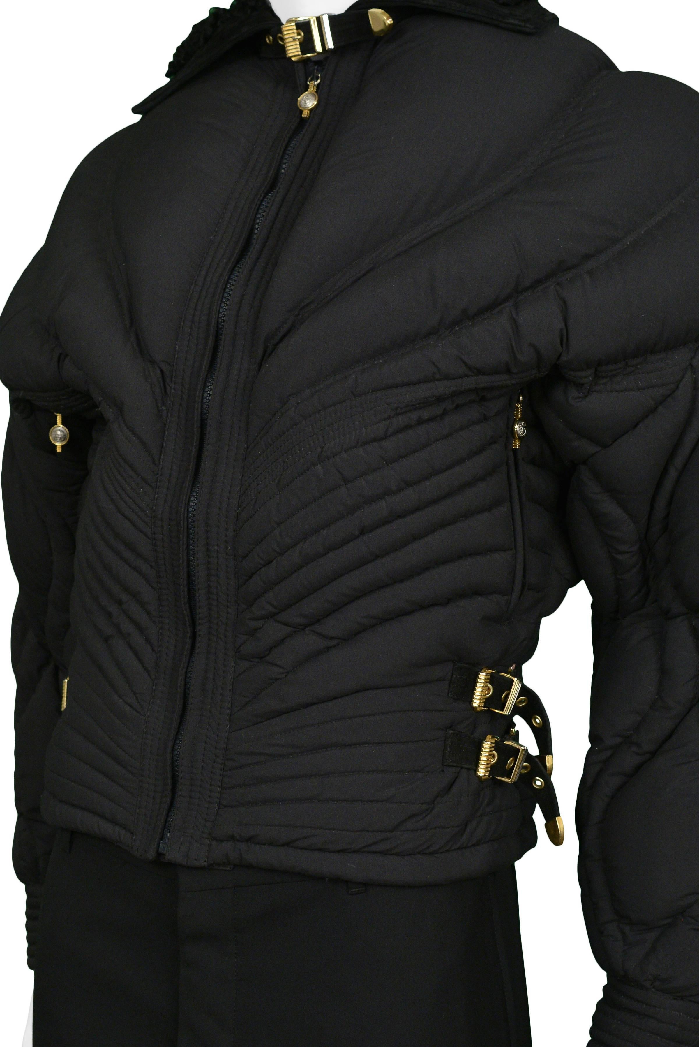 Vintage Gianni Versace Black Apres Ski Quilted Puffer Bondage Jacket 1992 Runway In Excellent Condition In Los Angeles, CA