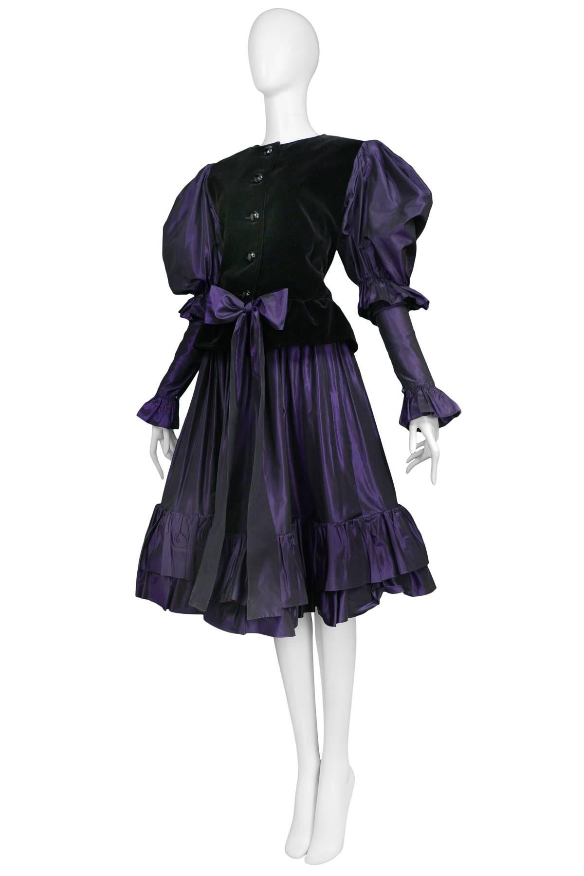 Black Yves Saint Laurent Velvet & Royal Purple Taffeta Ruffle Skirt Ensemble 1982 For Sale