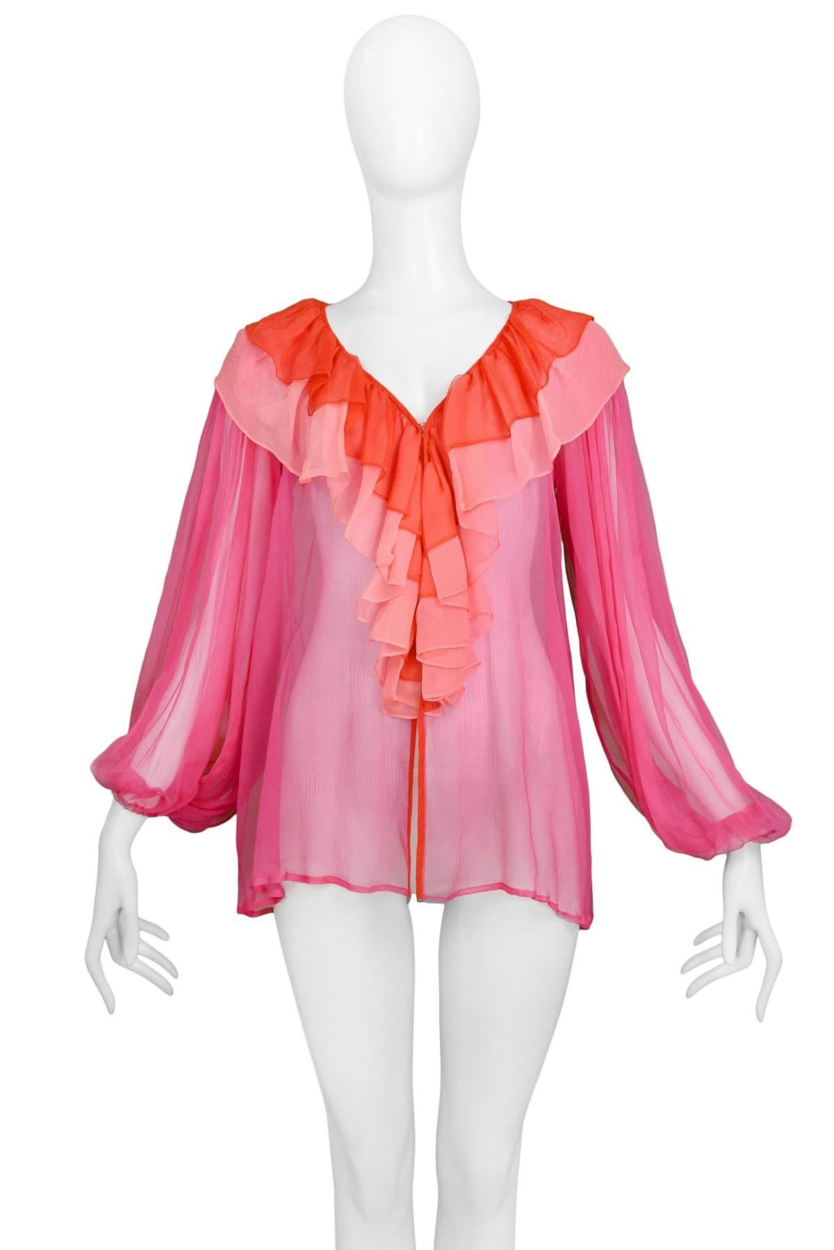 Women's Yves Saint Laurent Hot Pink & Red Chiffon Peasant Blouse & Giant Ruffle Scarf