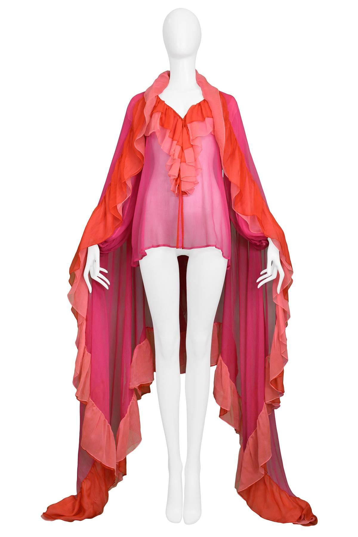 Vintage Yves Saint Laurent  classic silk chiffon peasant blouse featuring a ruffled neckline and matching ruffle shawl comprised of fuchsia, pink and red chiffon. YSL made in France. 