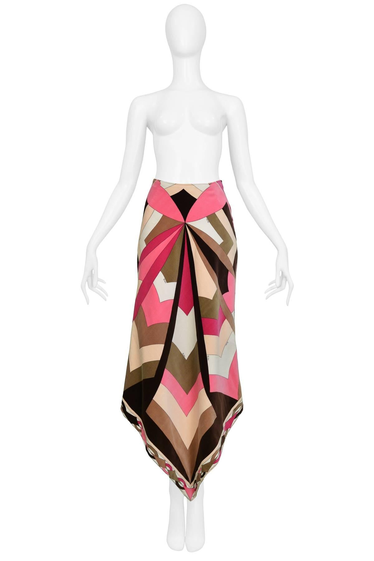 Resurrection Vintage is excited to offer a vintage Emilio Pucci pink and brown cotton velvet maxi skirt featuring an abstract print with 