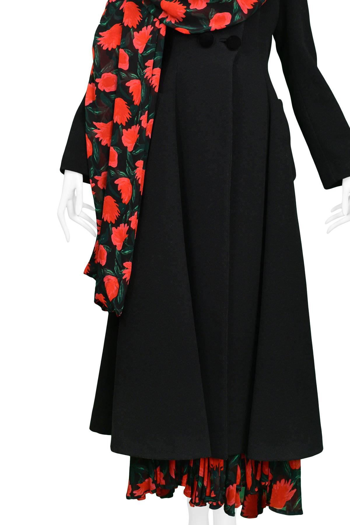 Women's Dolce & Gabbana Black Wool and Velvet Floral Shawl Coat 1990s