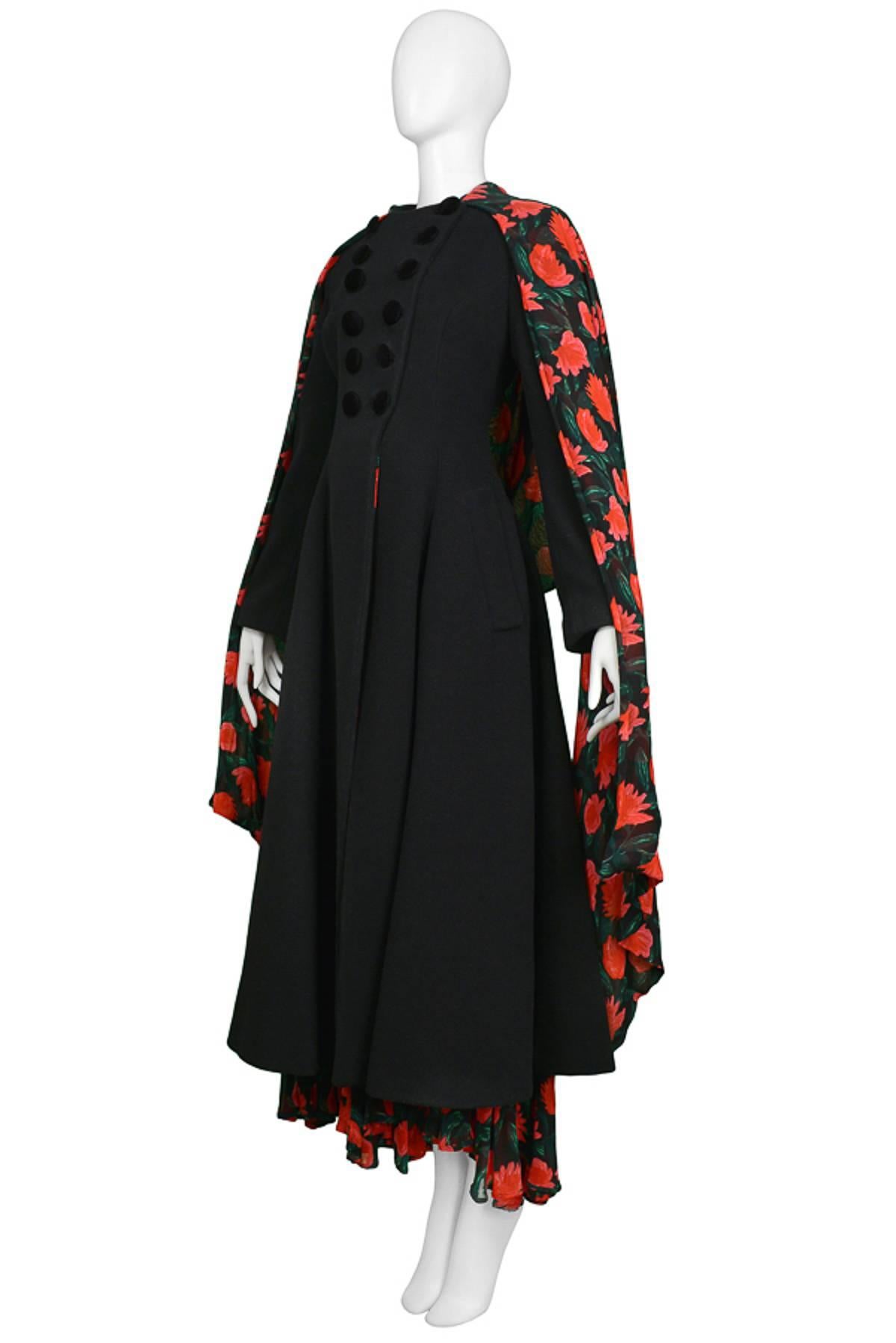 Dolce & Gabbana Black Wool and Velvet Floral Shawl Coat 1990s 2