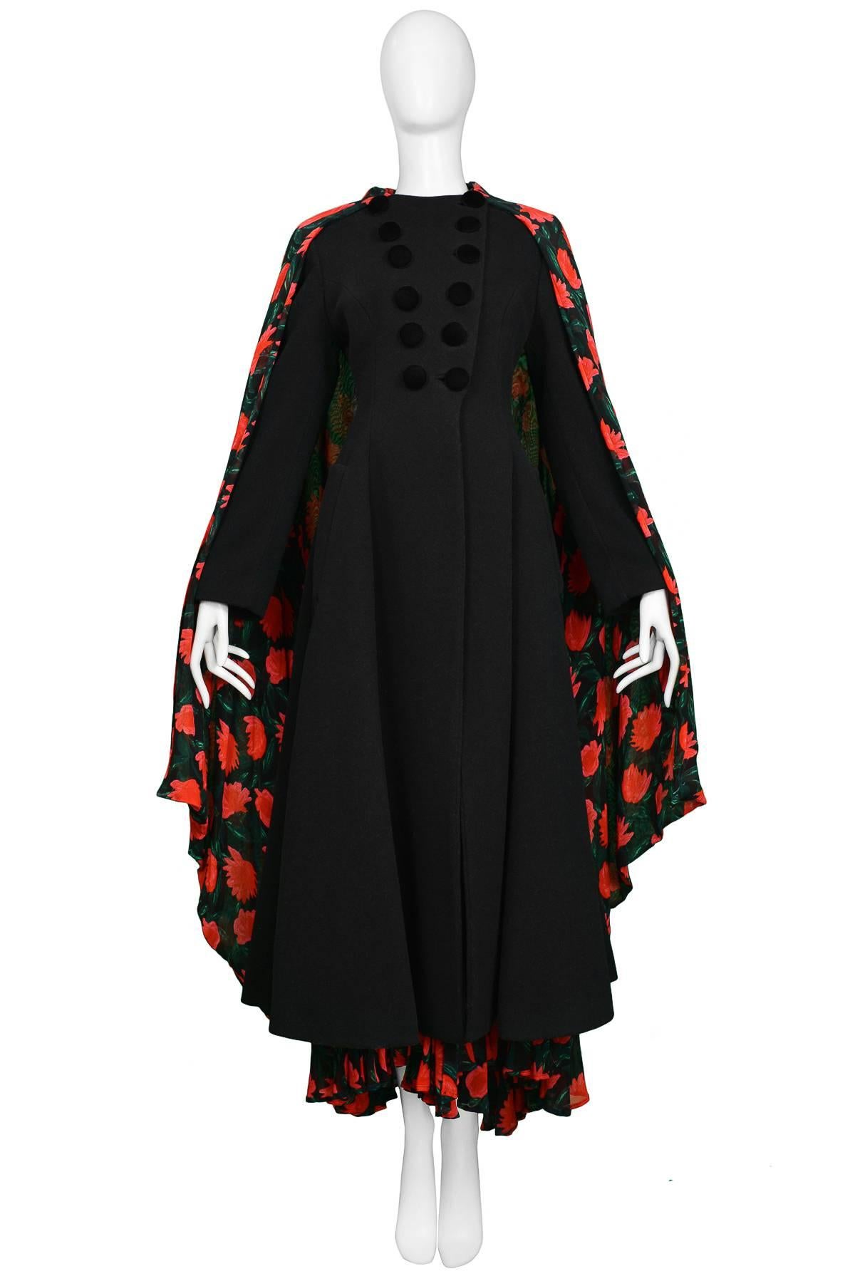Dolce & Gabbana Black Wool and Velvet Floral Shawl Coat 1990s 1