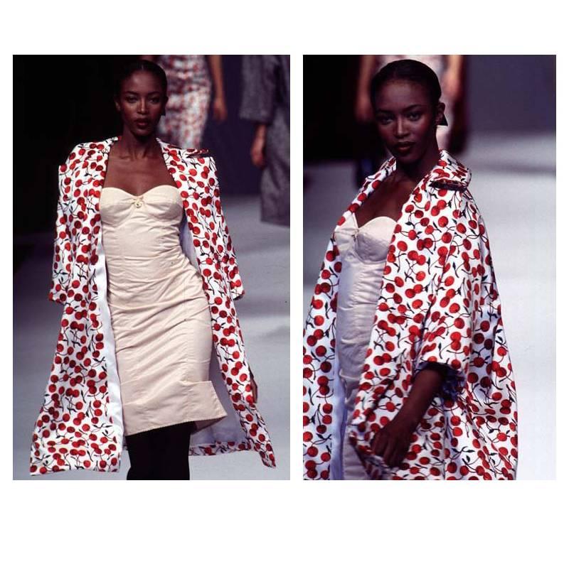 Beige Iconic Dolce & Gabbana Satin Cherry Print Padded Evening Swing Coat 1996