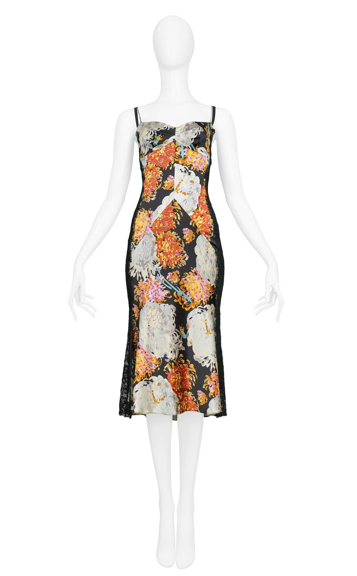 Satin multicolor oversized floral print Dolce & Gabbana slip dress with black insets, black straps, and under slip. 