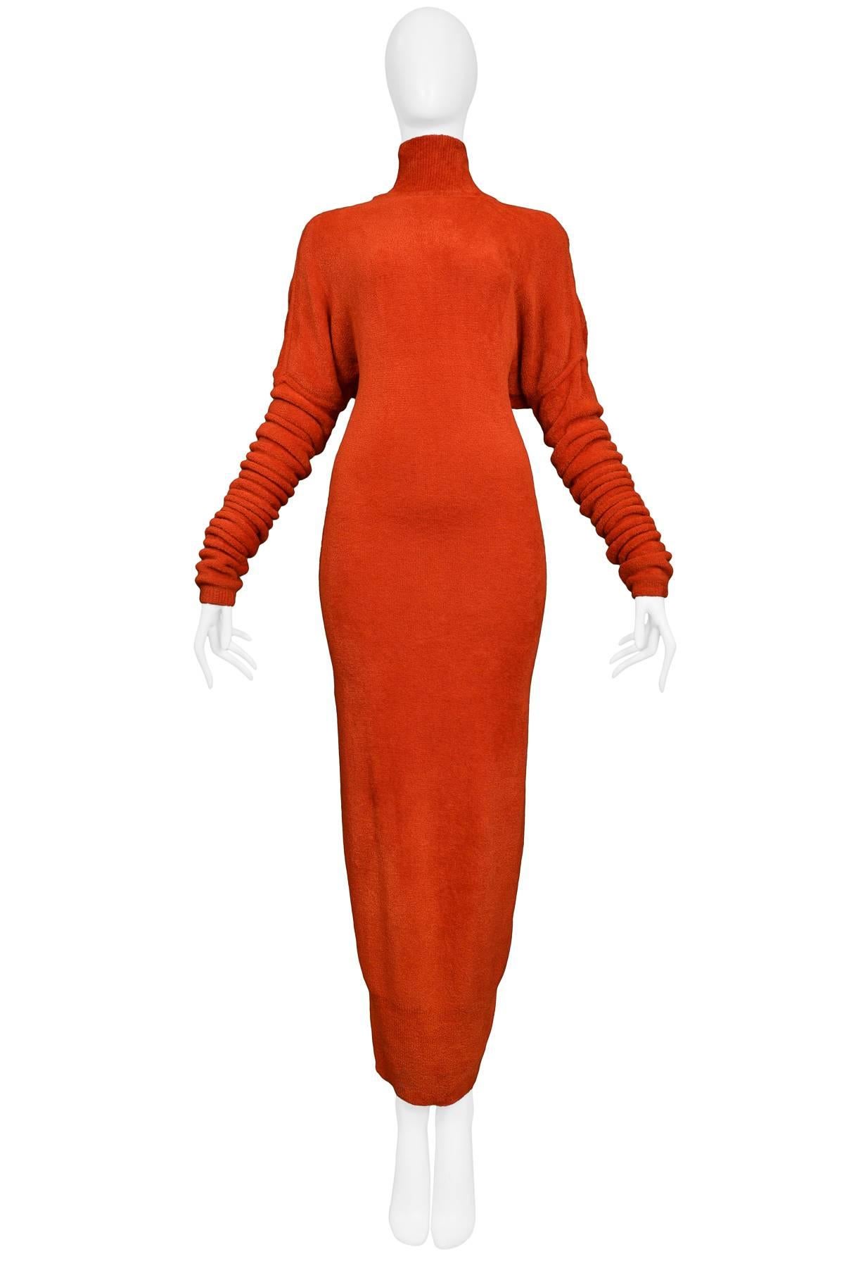 Unusual Holiday Azzedine Alaia Red Velvet Chenille Knit Gown With Glove Sleeves  In Excellent Condition In Los Angeles, CA