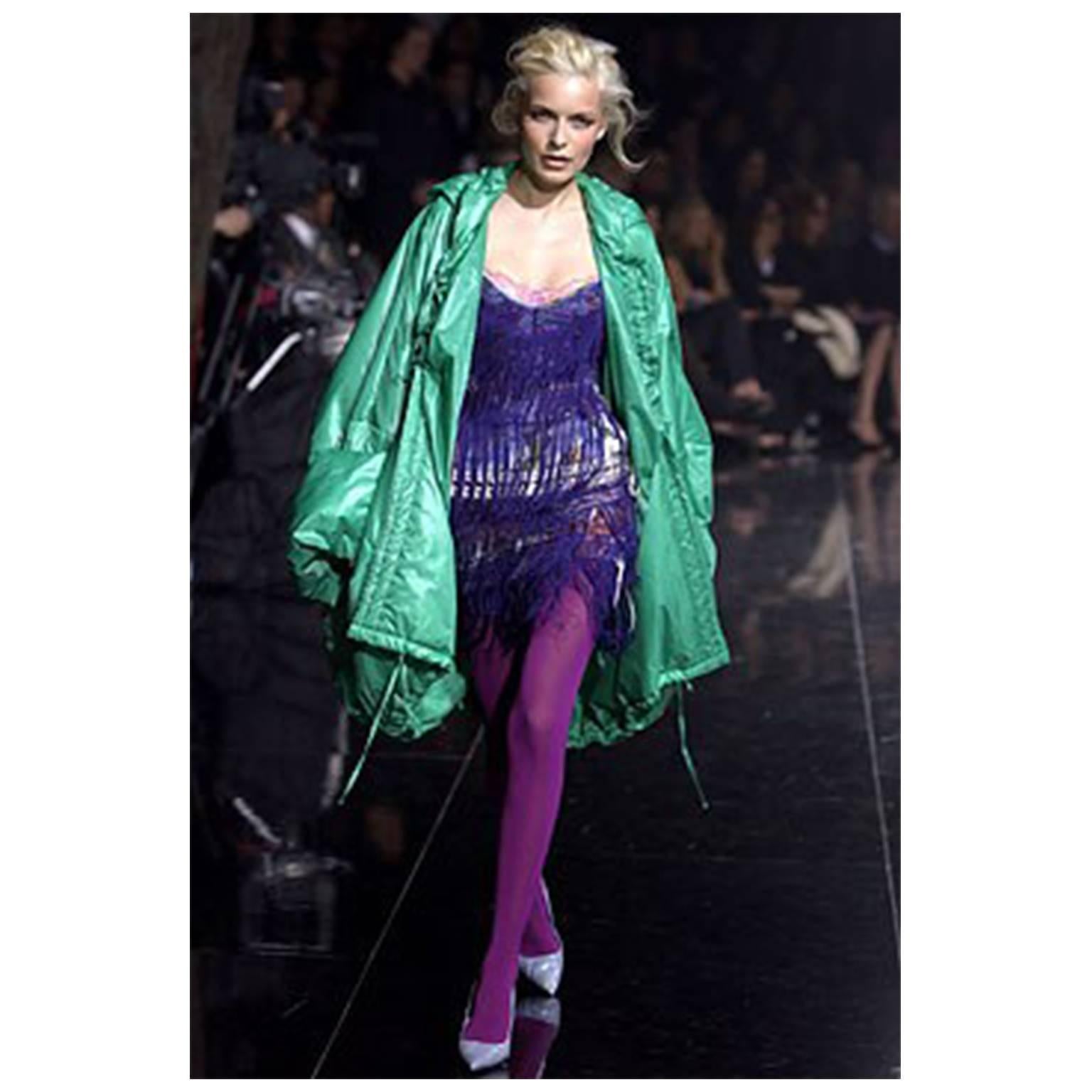Stunning purple fringe Dolce & Gabbana party dress with floral under body and corset sides. Collection 2003. 