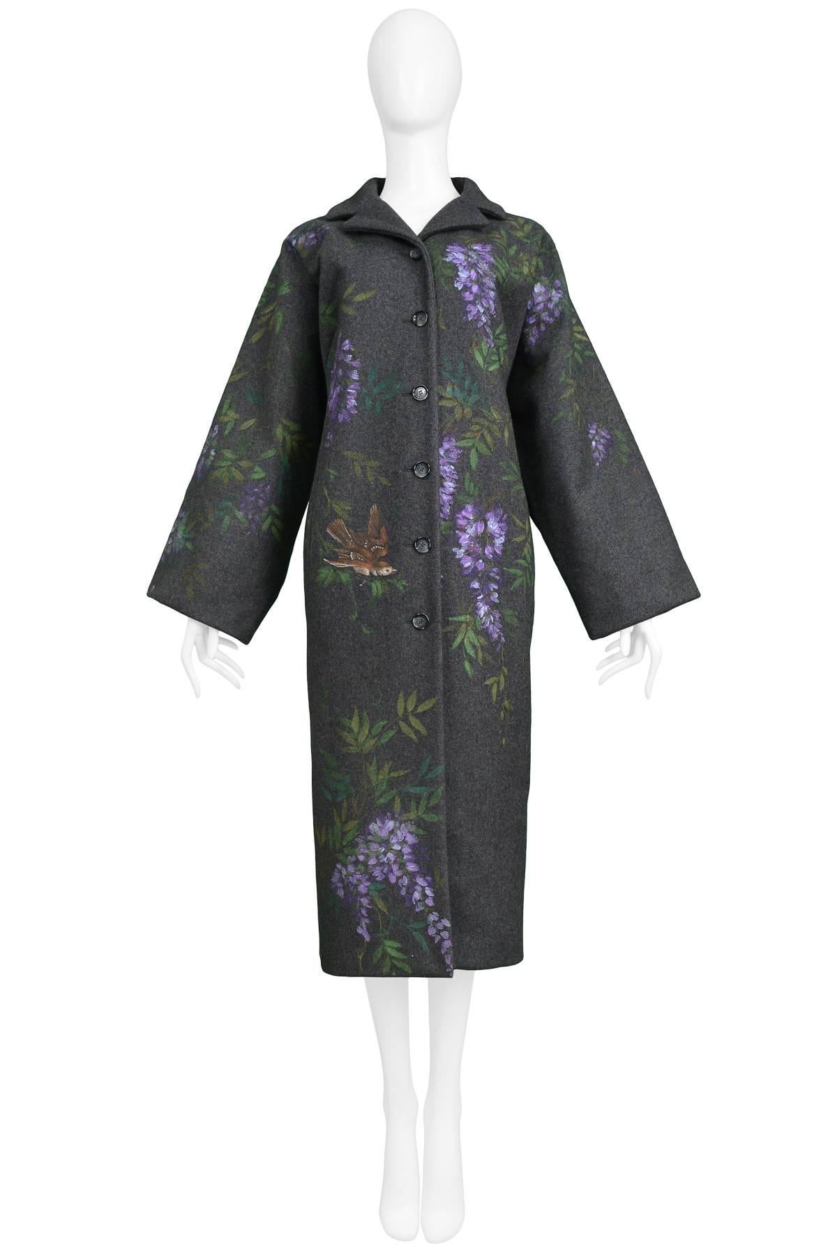 Vintage Dolce & Gabbana hand-painted flowers and birds on a grey wool kimono shaped coat. Fully lined and button front. Collection 1998.
