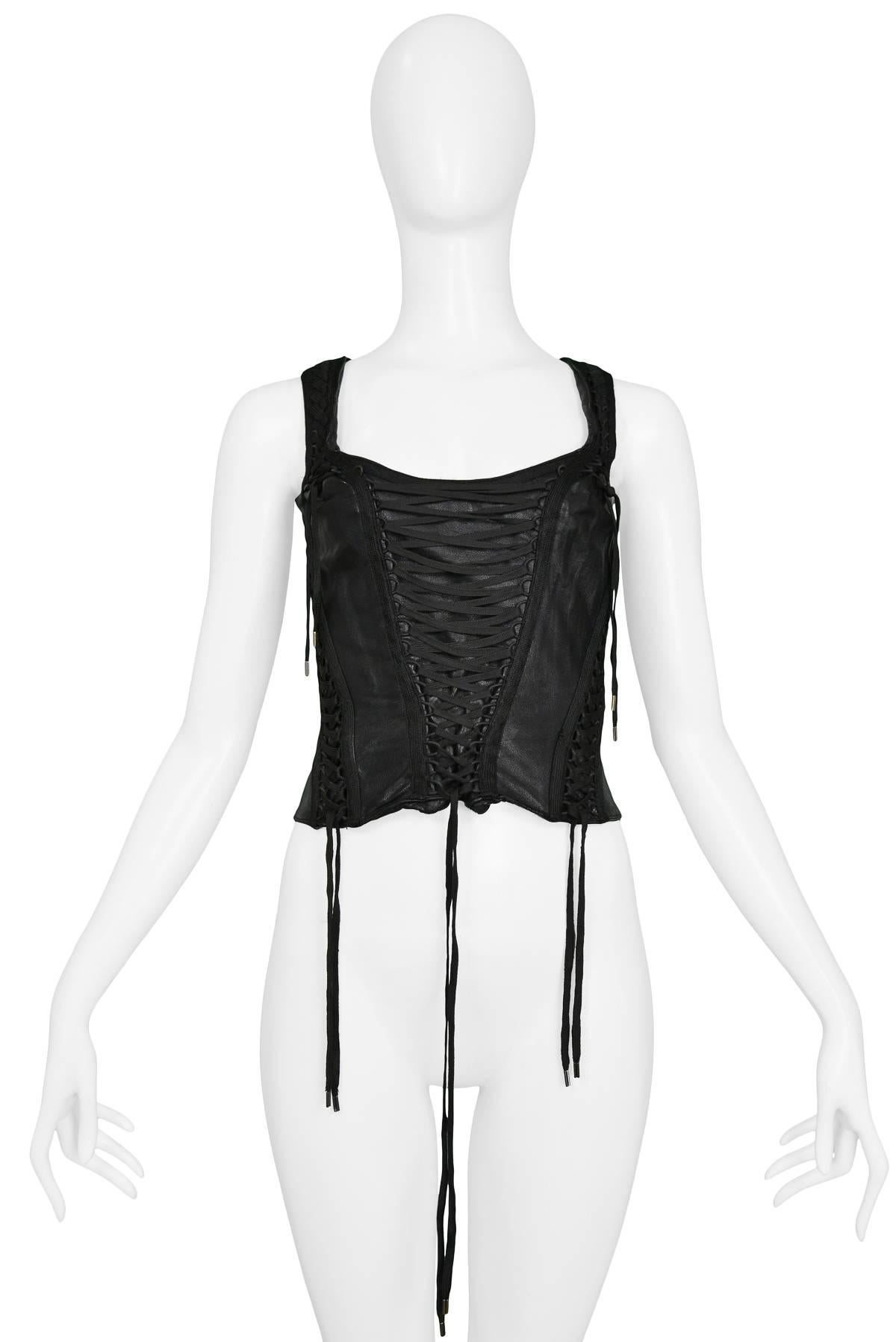 John Galliano for Christian Dior black leather top with corset laces at front, back & sides.

Size: FR 40