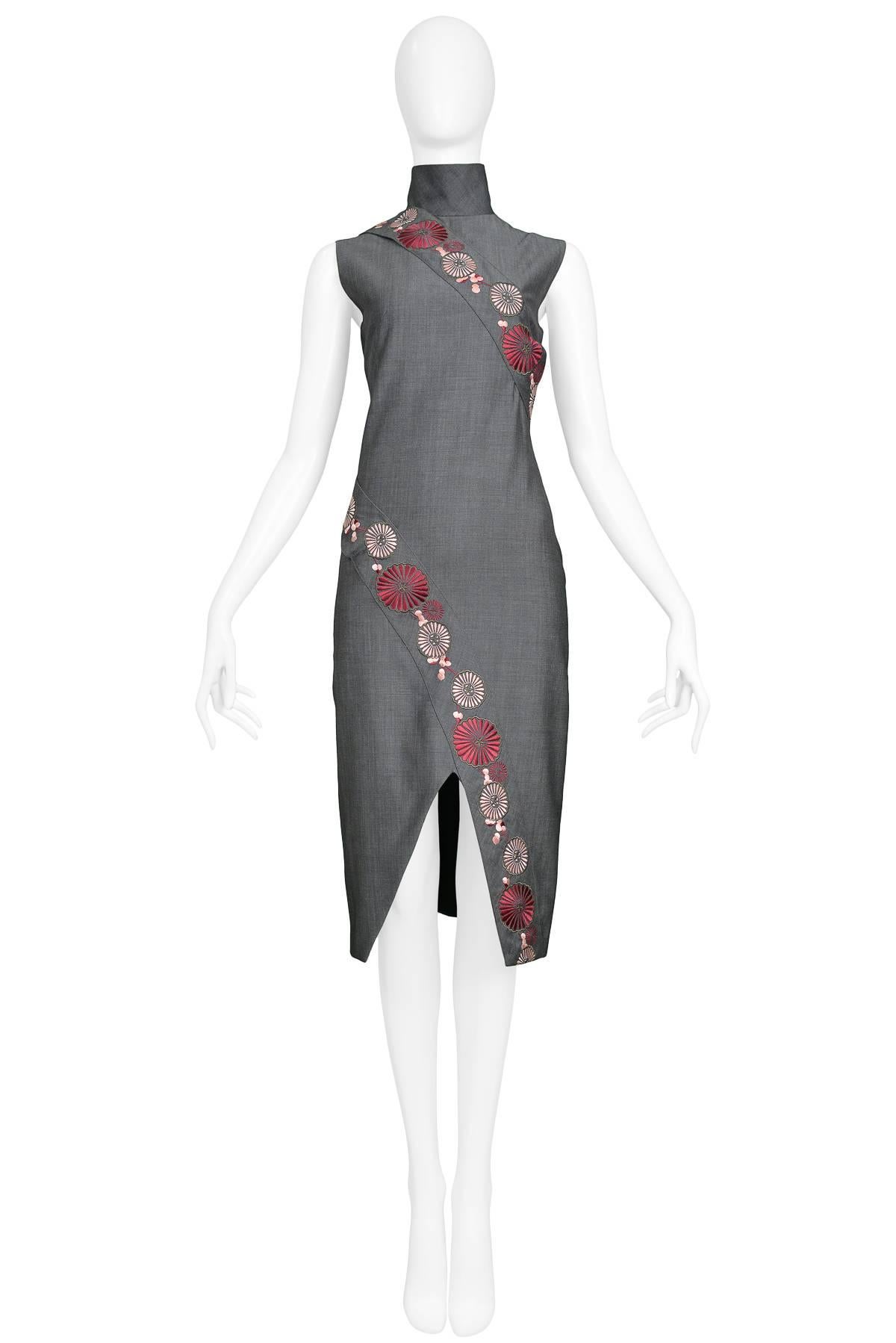 Vintage Alexander McQueen grey wool and pink & burgundy floral embroidered cheongsam inspired dress. Runway pieces from the Spring/Summer 2001 