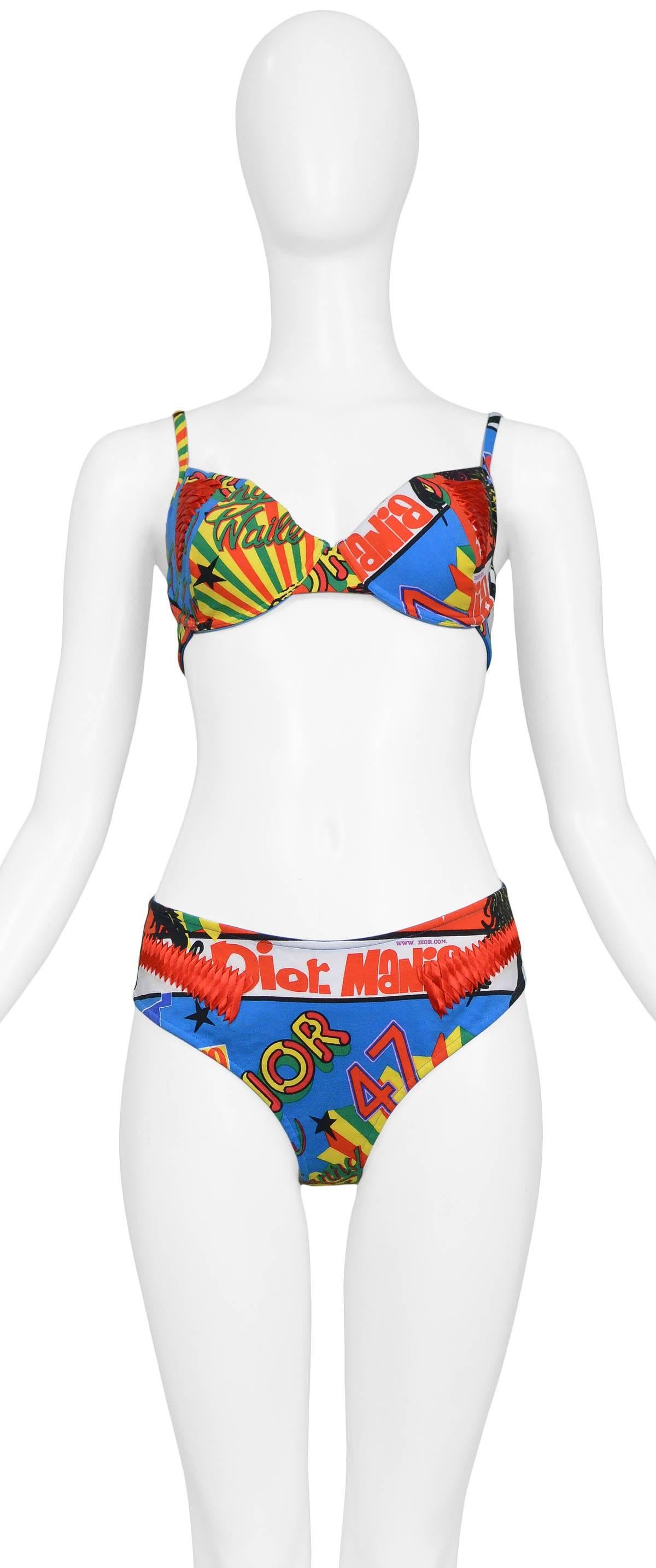 Christian Dior by John Galliano cotton thong & bra ligerie set with all-over reggae print and ribbon detail. This set has never been worn & is deadstock vintage from the 2003 Collection. 

Never been worn. Excellent & Brand New Condition. 

Size: