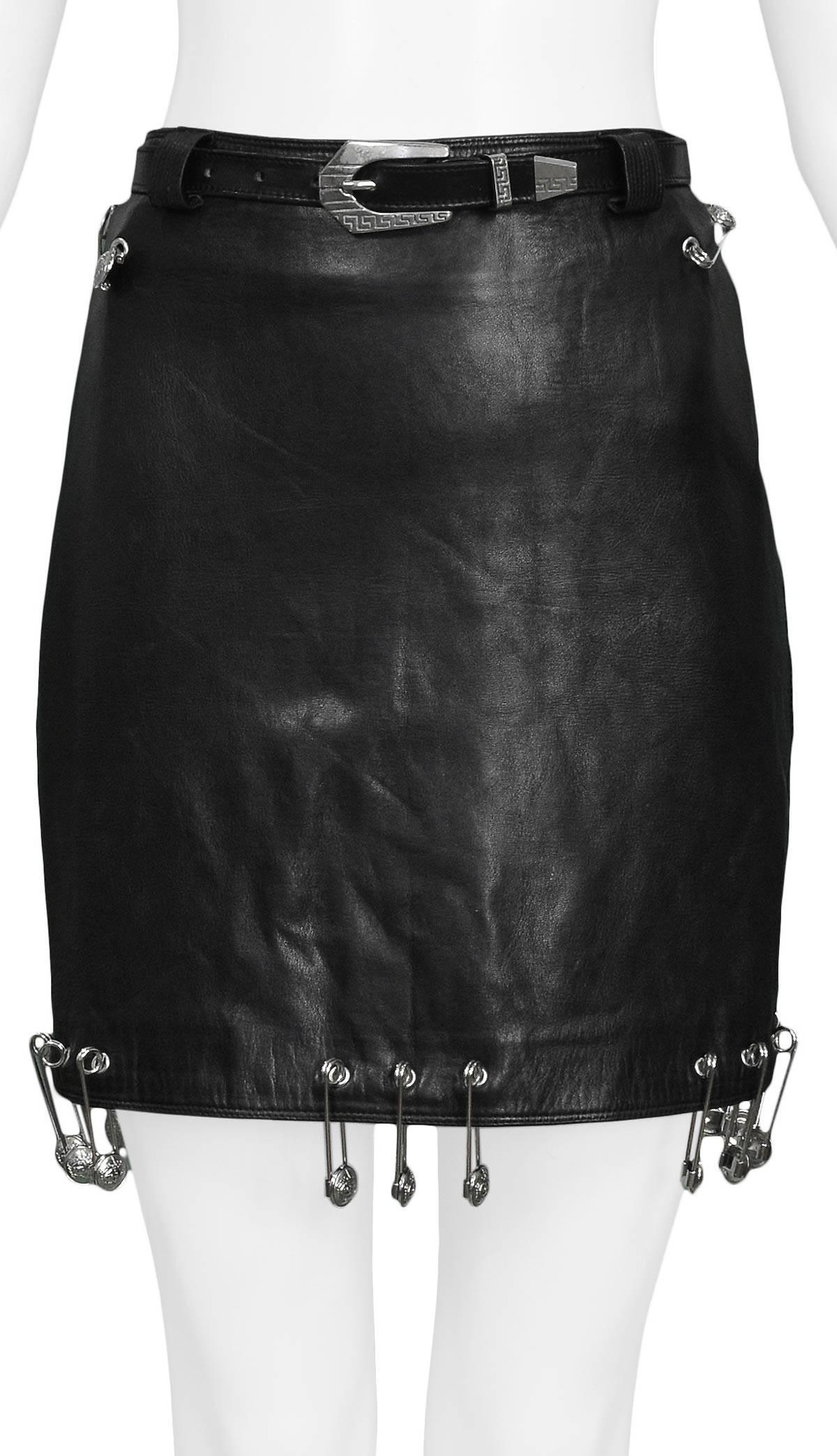 Black Vintage Gianni Versace 1994 Safety Pin Leather Mini Skirt 