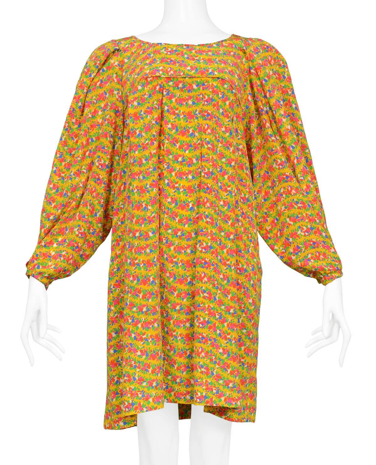 Vintage Yves Saint Laurent 1970s Yellow Floral Smock Dress In Excellent Condition In Los Angeles, CA