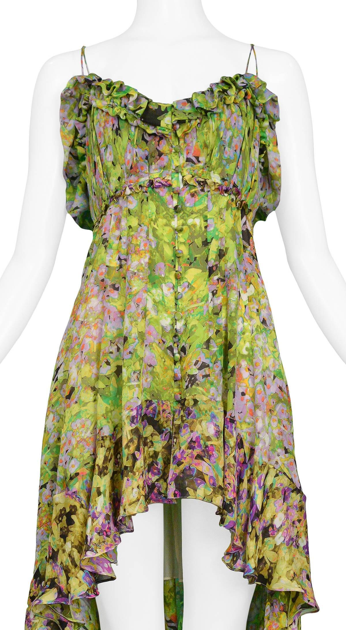 Beige Roberto Cavalli Green Chiffon Floral Mini Dress with Train