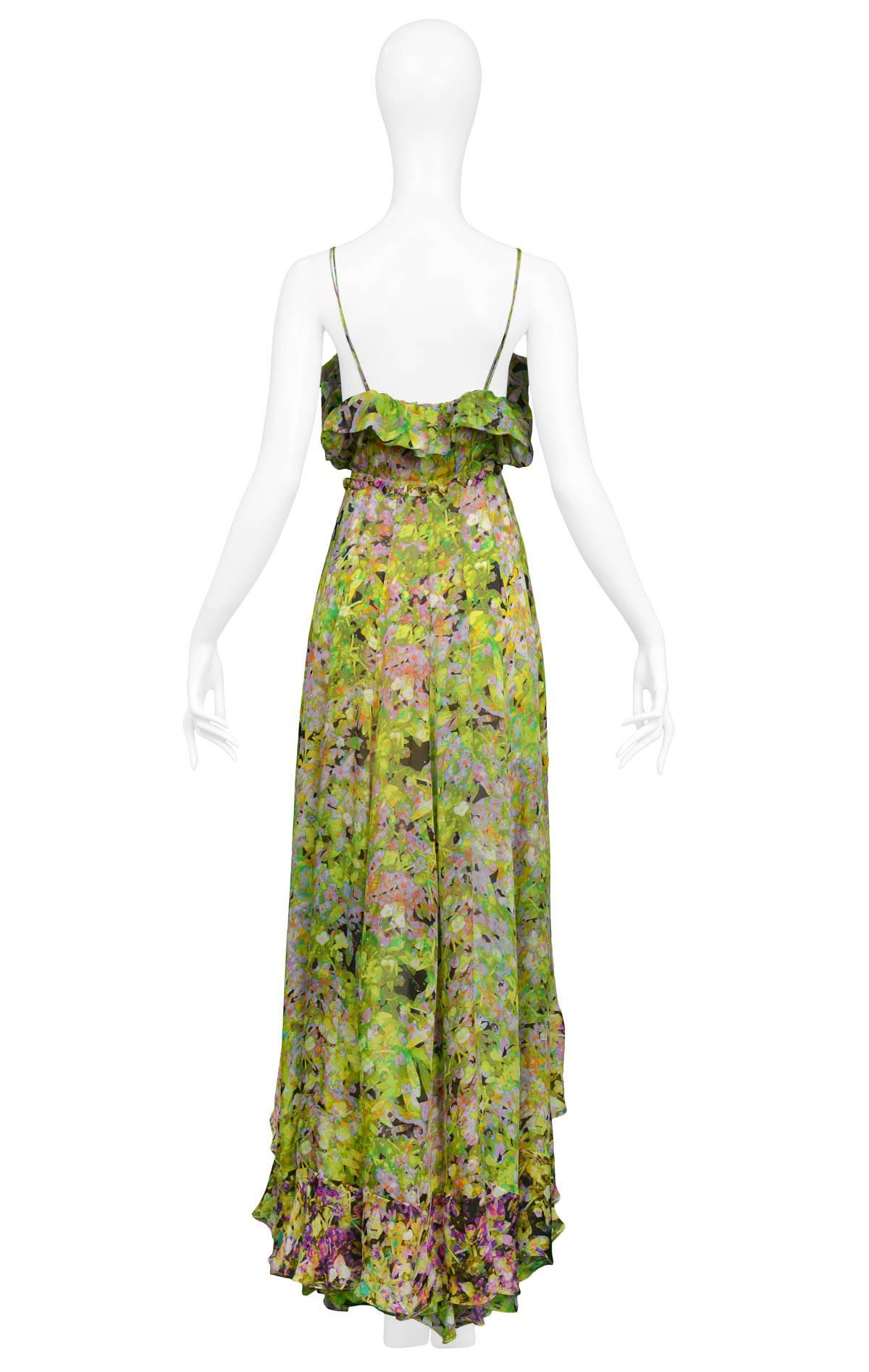 Roberto Cavalli Green Chiffon Floral Mini Dress with Train In Excellent Condition In Los Angeles, CA