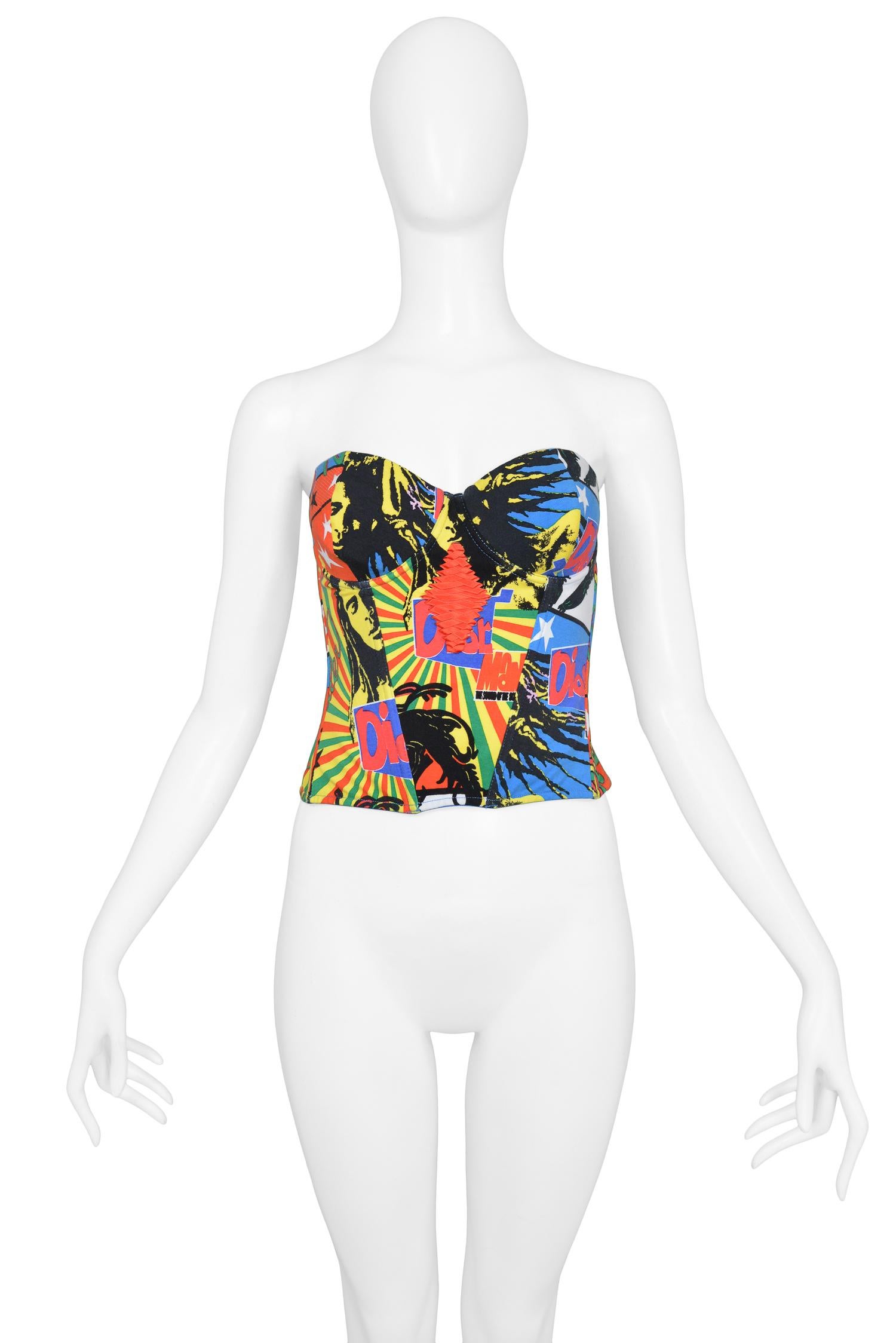 Vintage John Galliano for Christian Dior Marley Reggae print cotton bustier with red satin ribbon detail and hook & eye closure. Collection 2003. 

Excellent Condition.

Size: 36