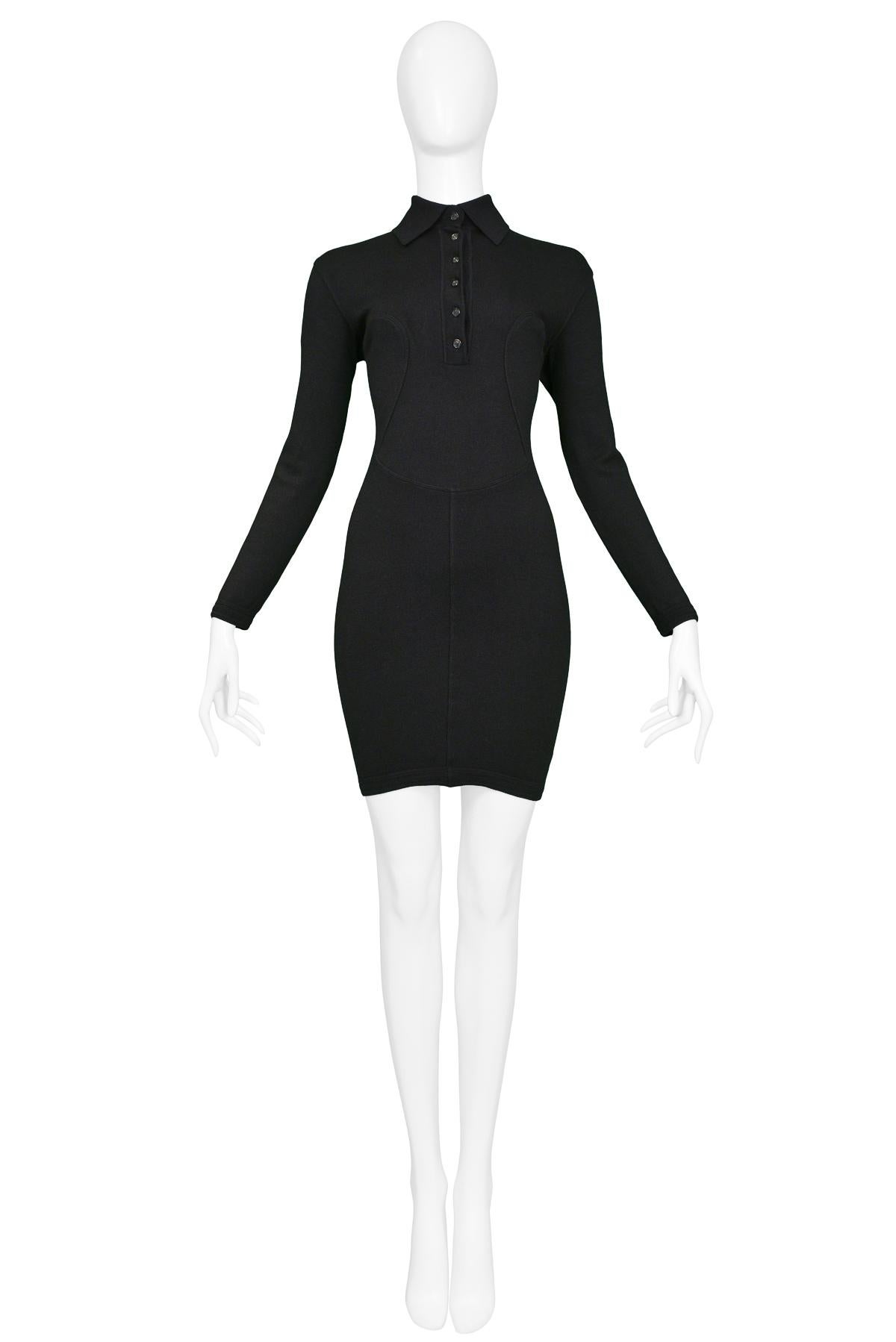 Vintage Azzedine Alaia long sleeve black stretch knit bodycon dress featuring a collar & button neckline and panel stitch work at the torso and skirt. Autumn/Winter 1991 Collection.

Excellent Condition.

Size: Medium
