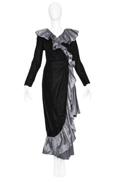 Yves Saint Laurent Silver Taffeta Ruffle Gown, 1980s