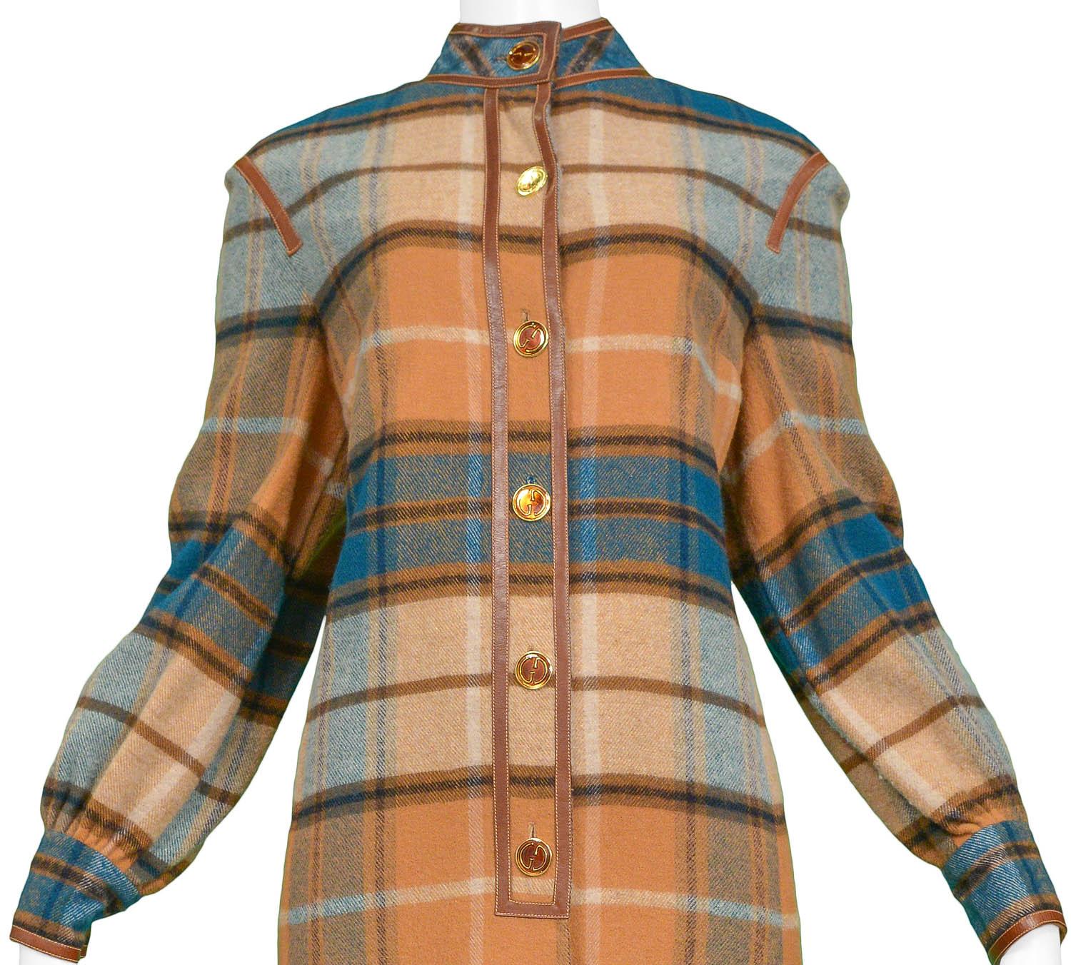 Gucci Green and Brown Plaid Coat Dress, 1970s In Excellent Condition In Los Angeles, CA