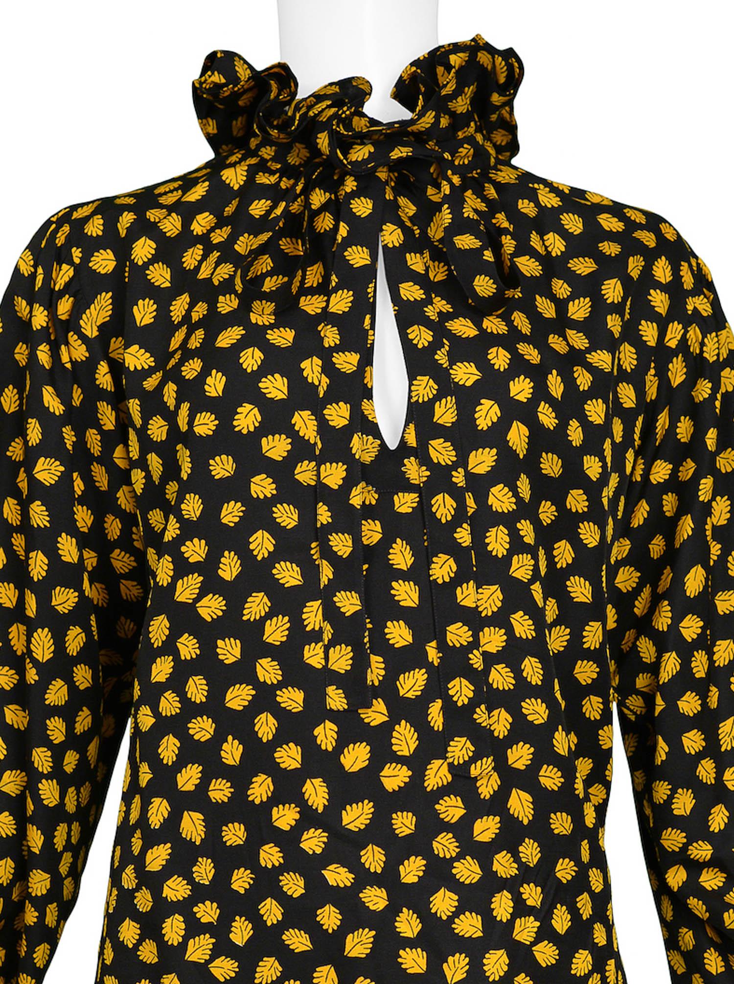 Yves Saint Laurent Yellow and Black Leaf Print Blouse, 1970s  In Excellent Condition In Los Angeles, CA