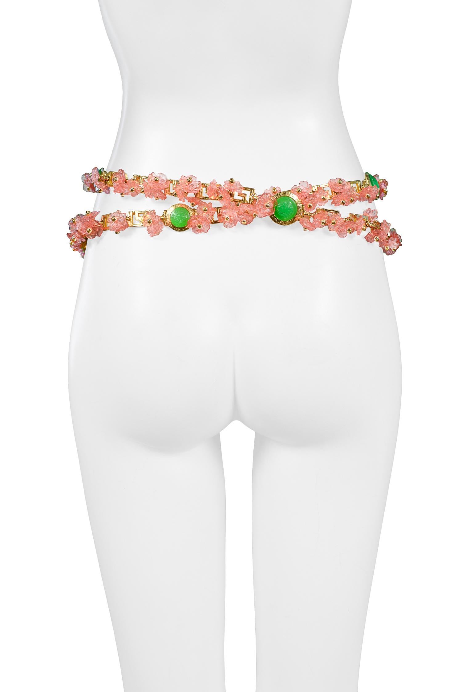 Beige Vintage Gianni Versace 1993 Pink Floral Charm & Green Medusa Greco Belt 1993