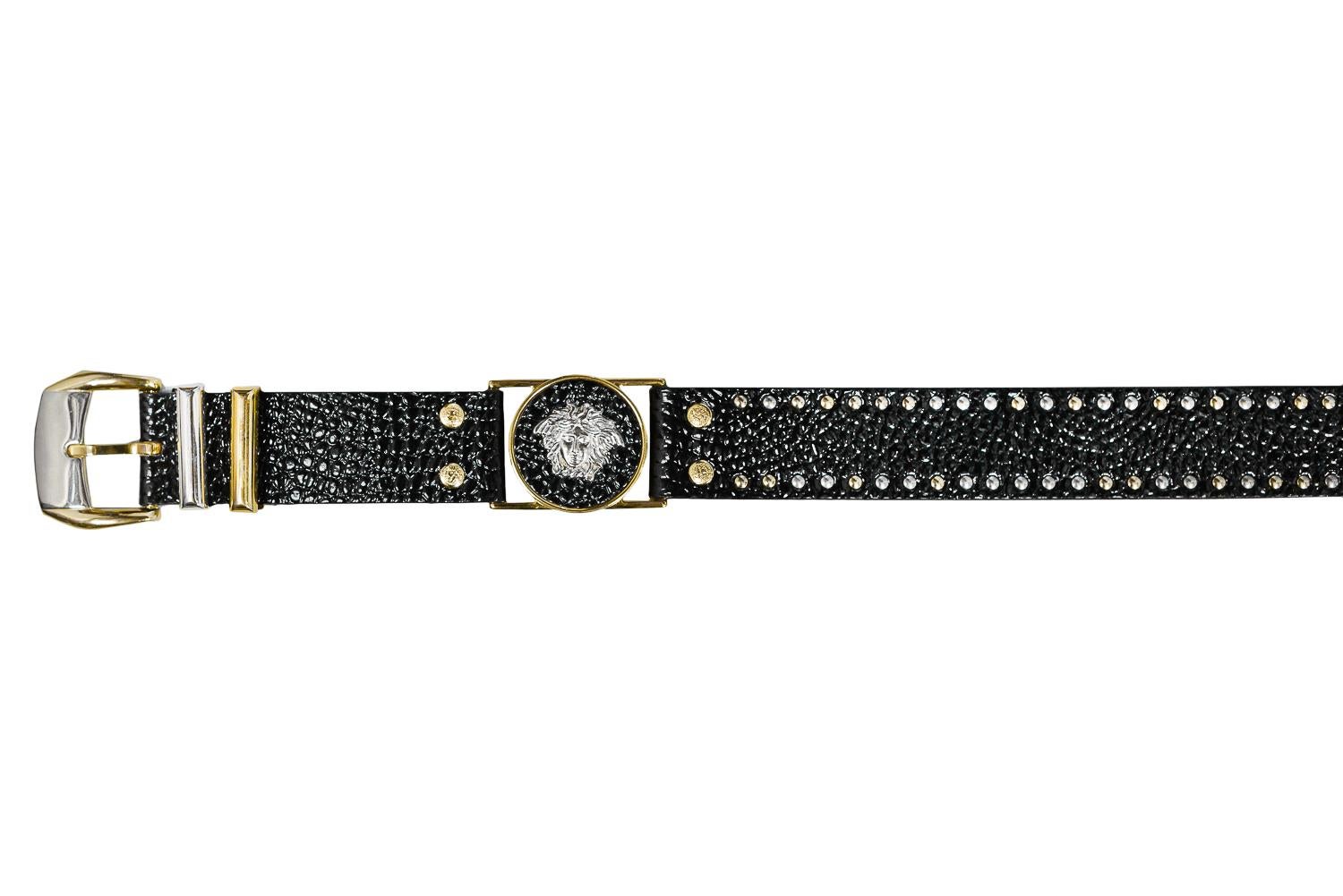 Women's or Men's Vintage Gianni Versace 1992 Black Medusa & Embossed Leather Belt