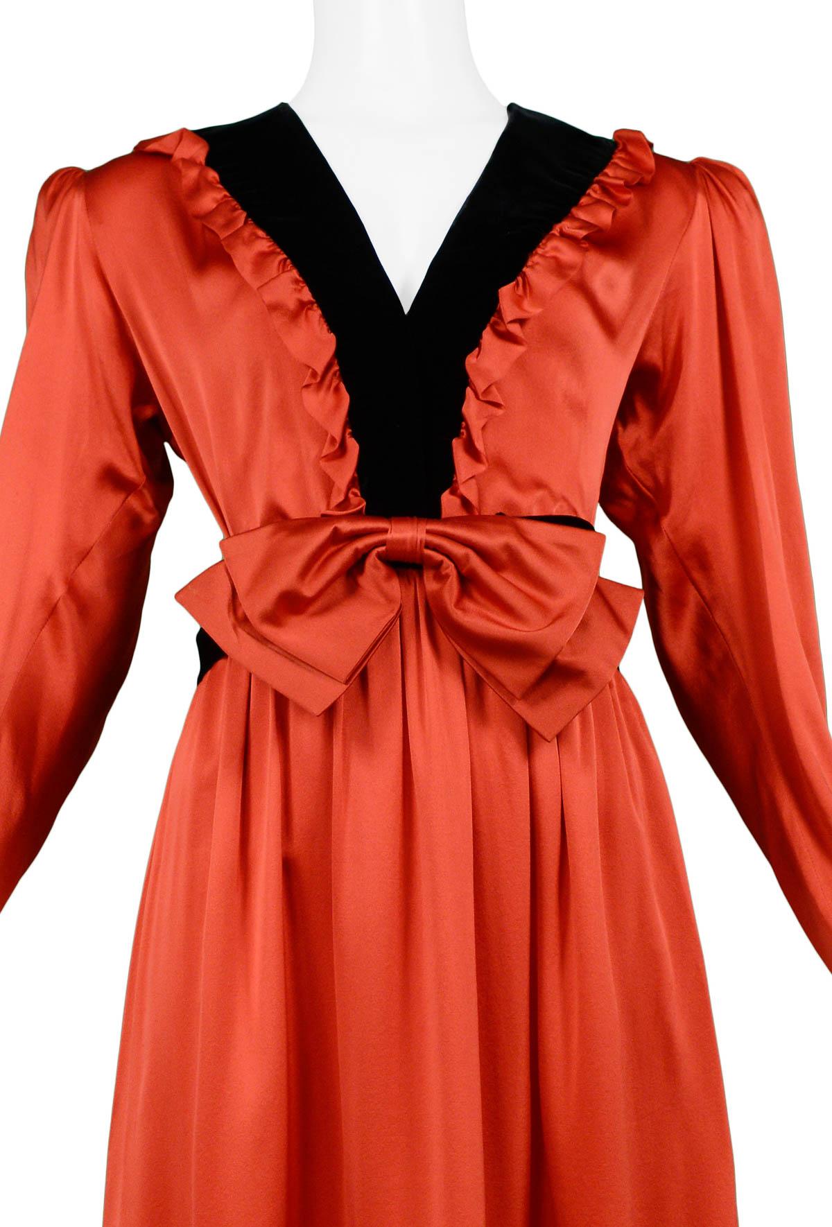 Vintage Yves Saint Laurent Red Satin Ruffle Tuxedo Dress In Excellent Condition In Los Angeles, CA