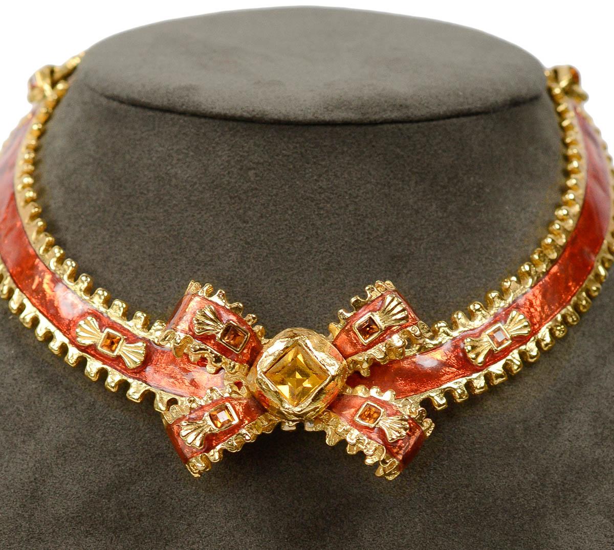 Yves Saint Laurent Red Enamel & Gold Bow Choker In Excellent Condition In Los Angeles, CA