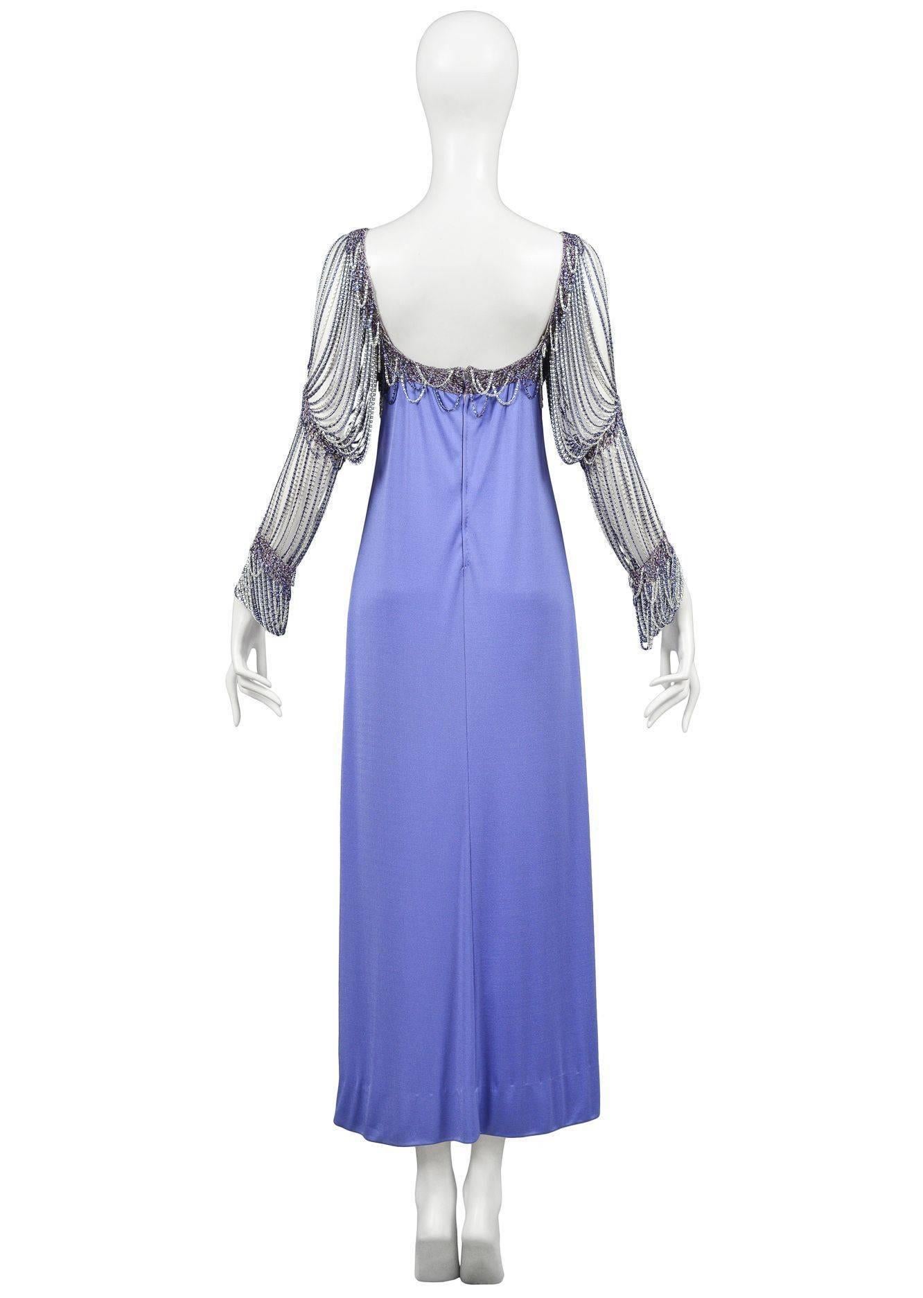 Vintage Loris Azzaro Periwinkle Blue Chain Sleeve Gown In Excellent Condition For Sale In Los Angeles, CA